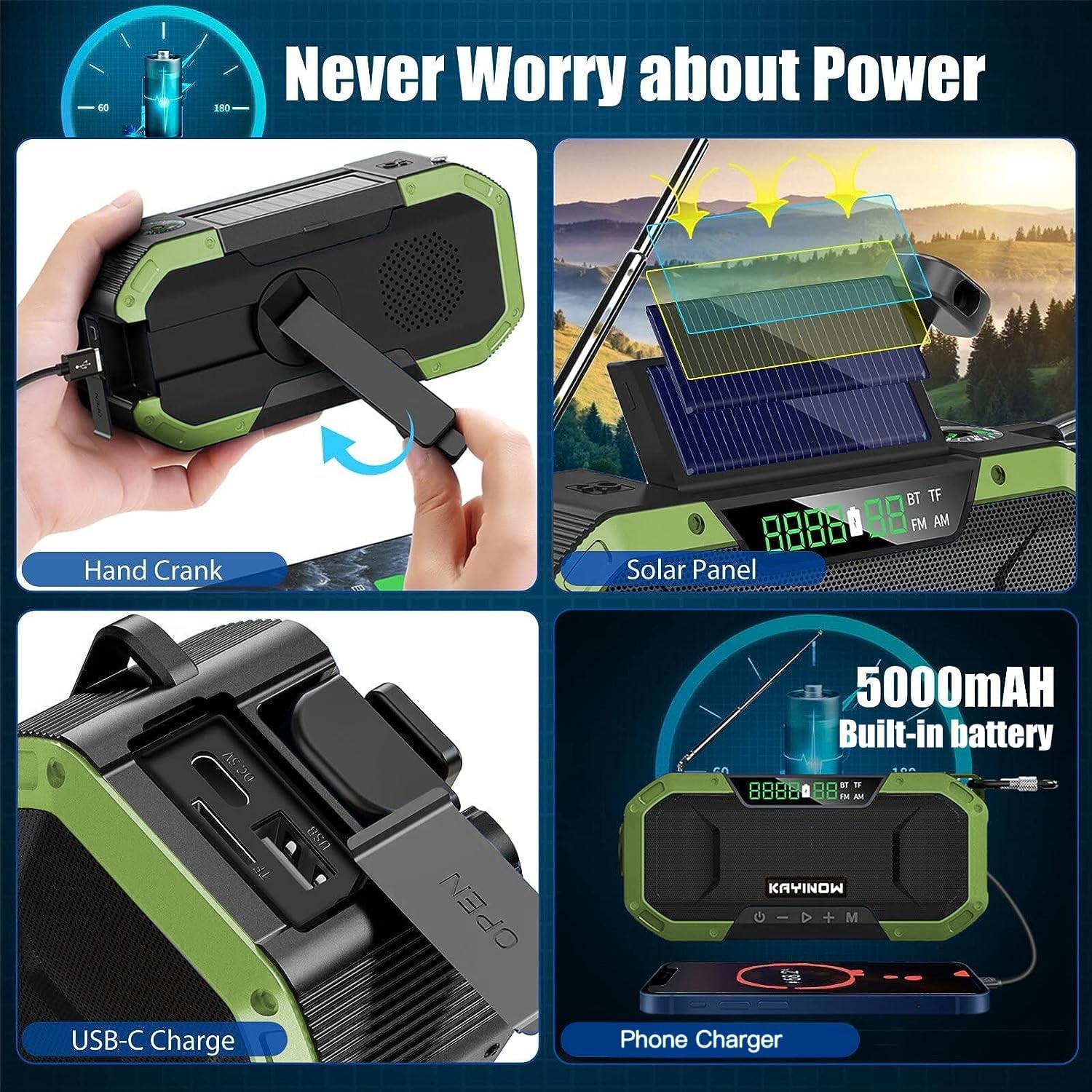 Hand Crank Solar Power Emergency Radio with Waterproof Bluetooth Speaker,Portabl