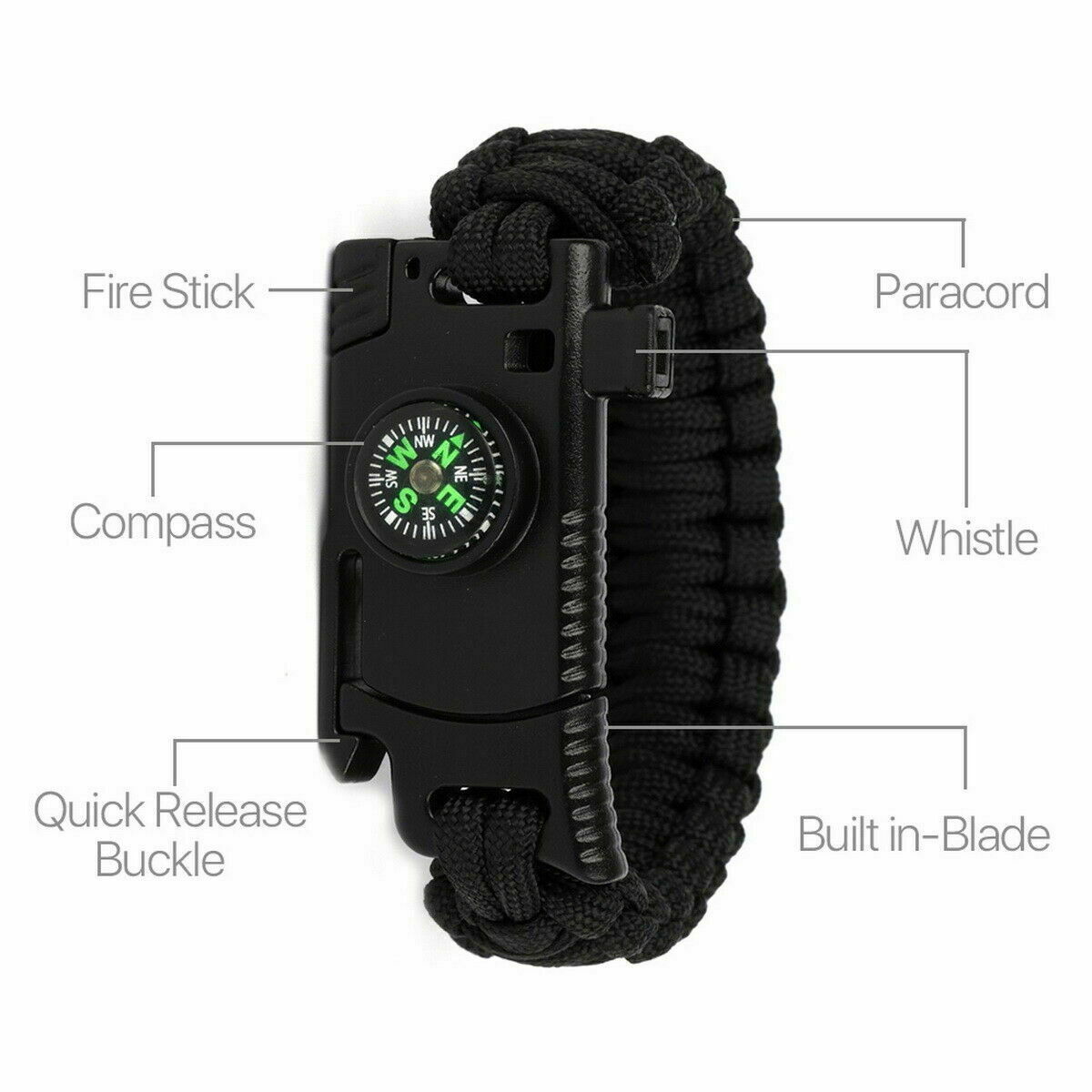 6 in 1 Adjustable Paracord Emergency Bracelet Fire Starter, Compass USA Shipper