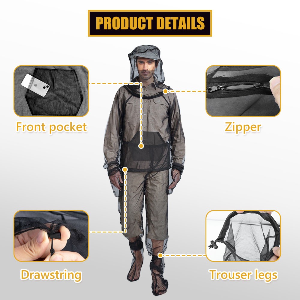Anti-Mosquito Bug Suit with Hood & Gloves Breathable Mesh Net Clothing Outdoor