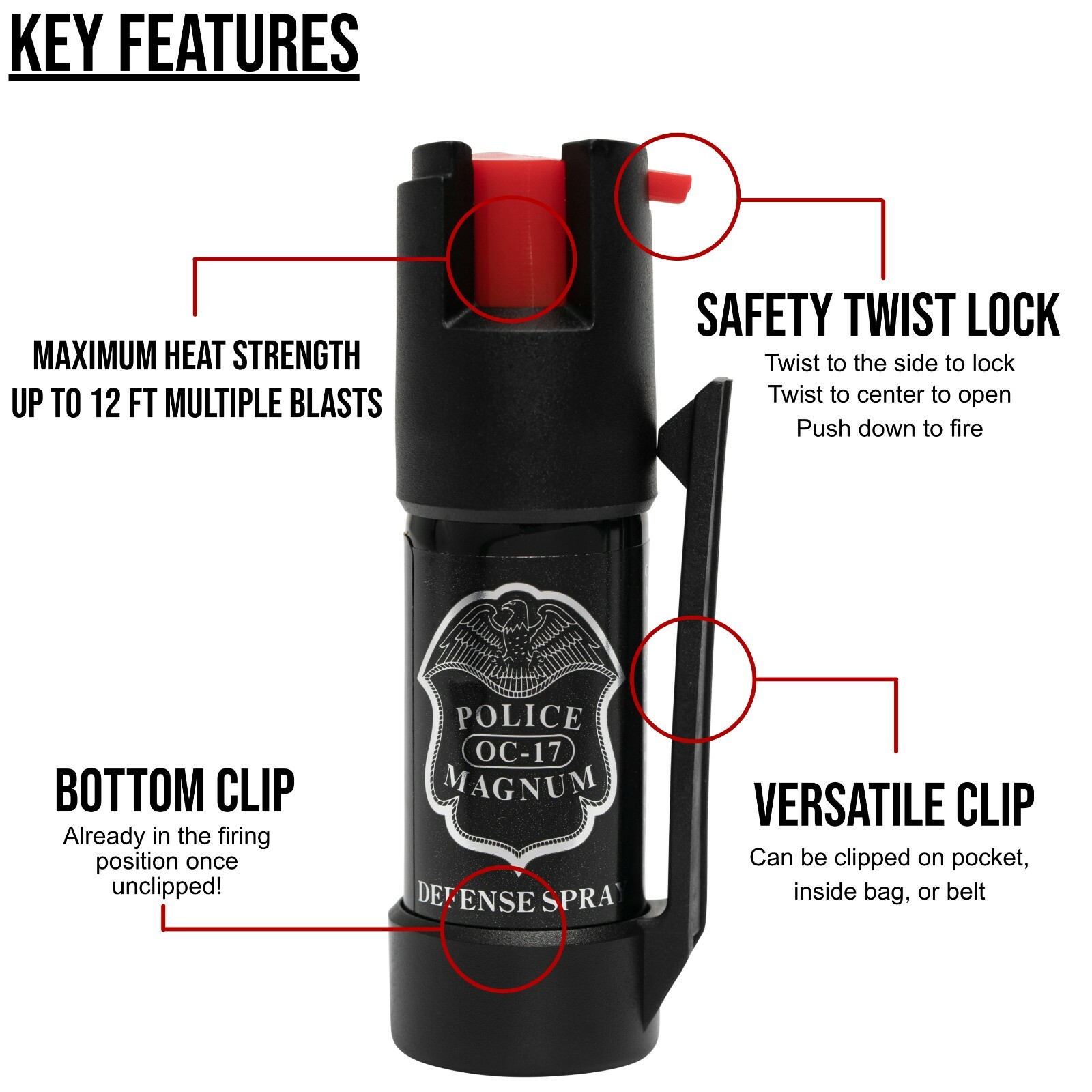 10 Police Magnum pepper spray 1/2oz bottom clip self defense security protection