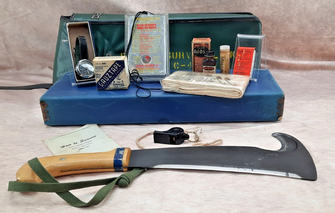 Vintage Survival Kit Lot W/ Machete Compass First Aid Gear Blue Case