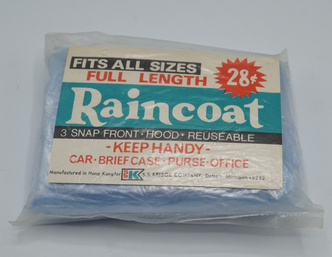 Vintage K Mart Emergency Rainco One Size Hooded Reusable Plastic 1960’s