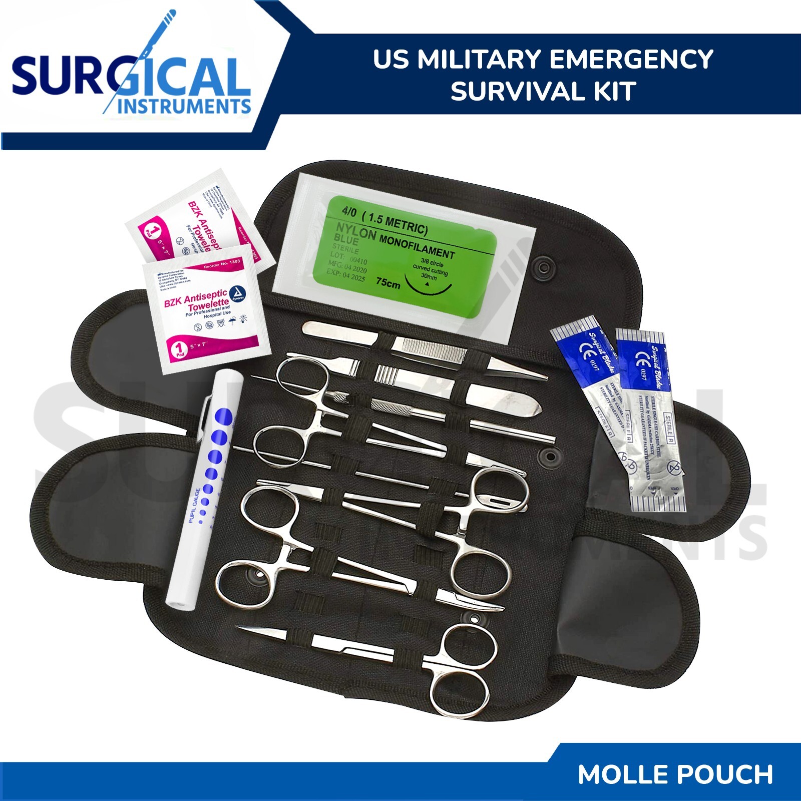 Army Surgical Kit – Sutures, Scalpel, Hemostats – Black – Military First Aid