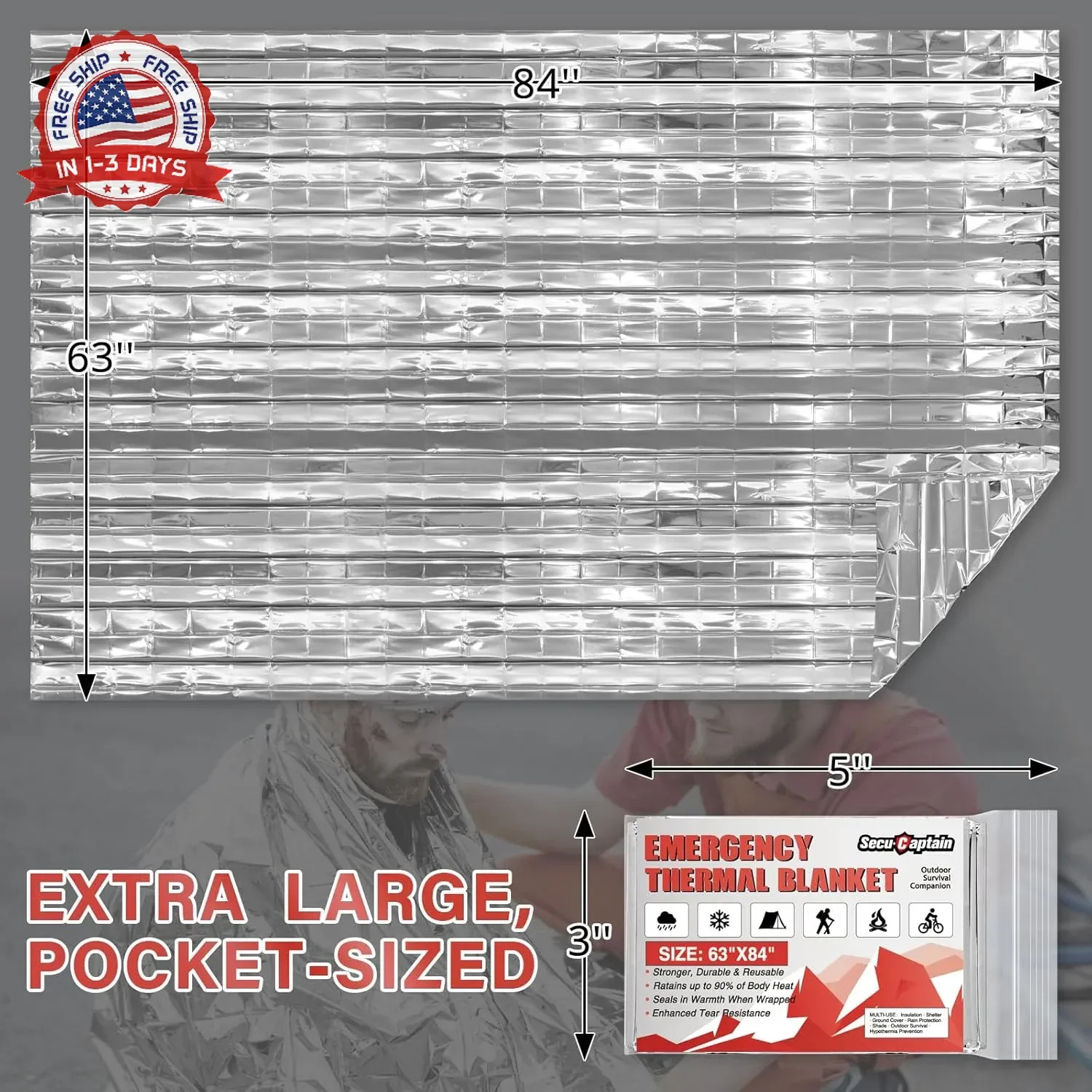 SecuCaptain Survival Emergency Thermal Blankets: Extra Large 84″ x63″ 4/10/25/30