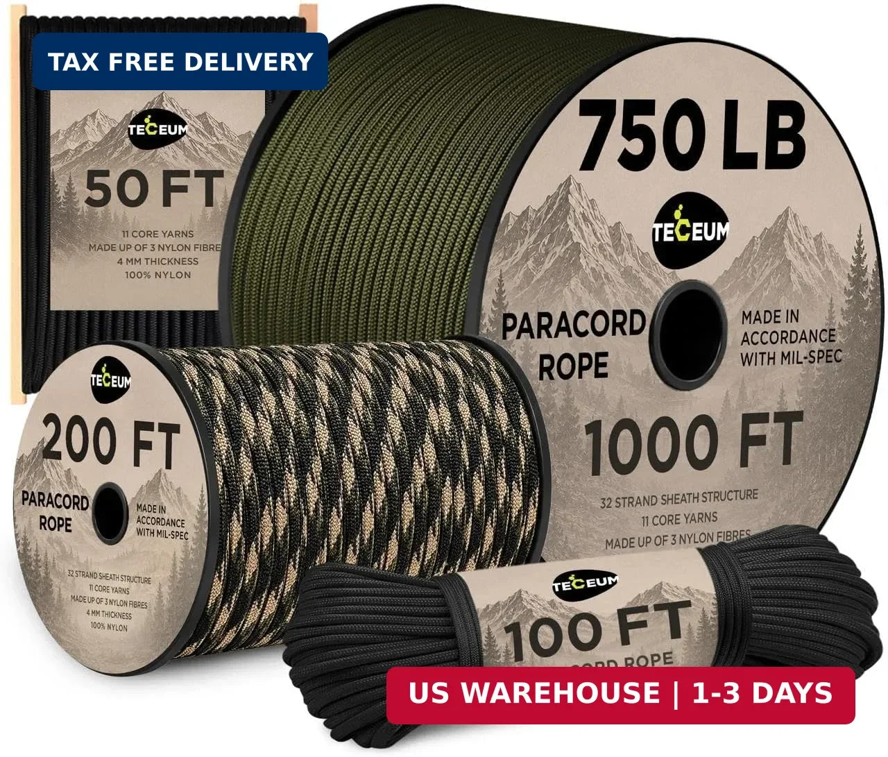 Paracord Rope 750 lb – 1000ft / 200ft / 120ft / 100ft / 50ft – String Par