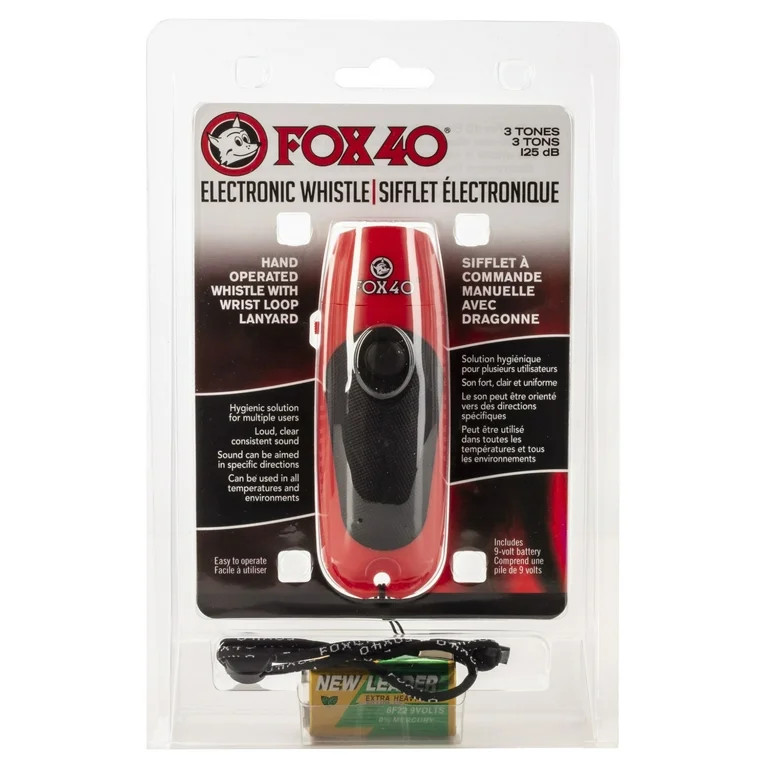 Fox 40 Electronic 3 Tone Whistle with Wrist Lanyard & 9V Battery – Red/Black