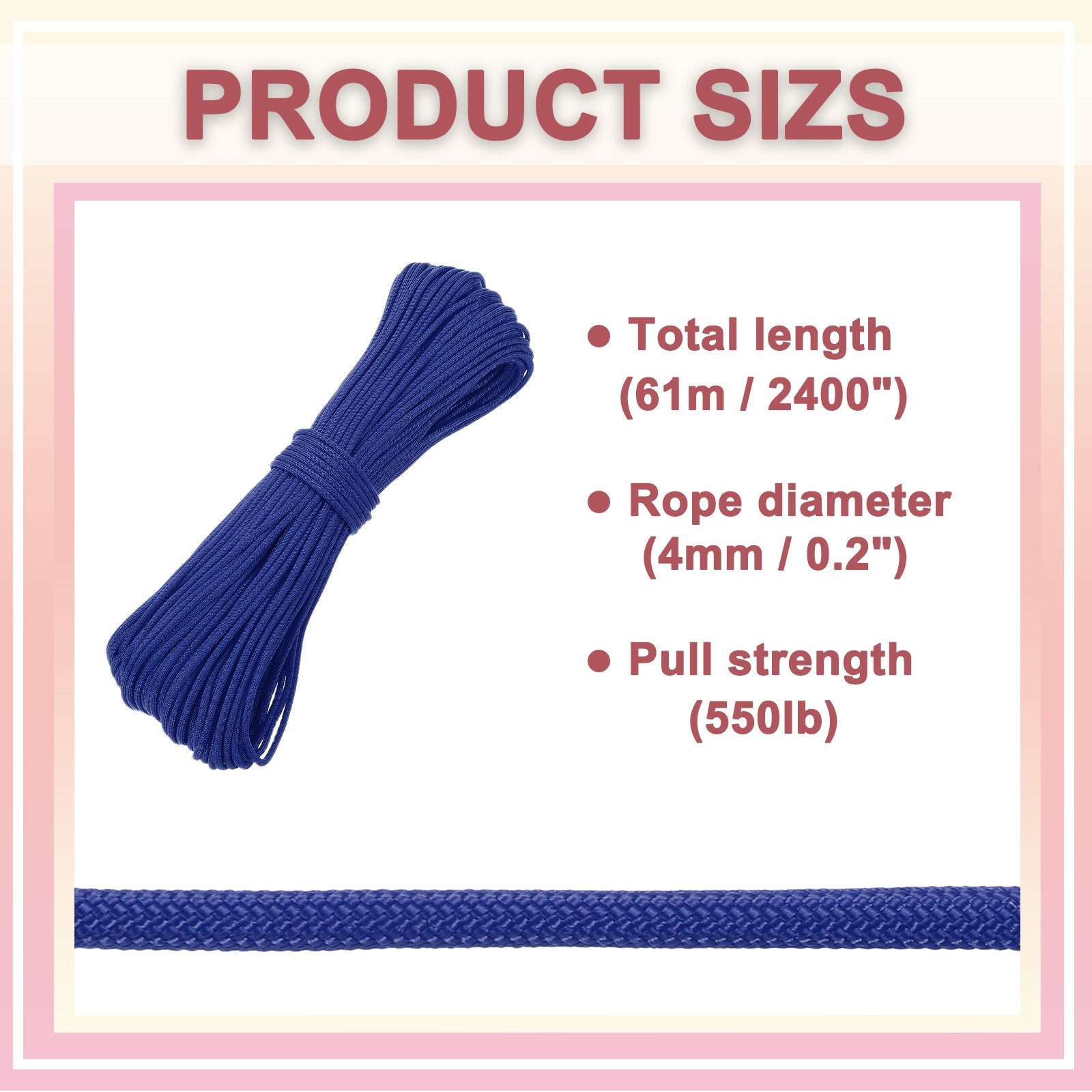 550lb Paracord Rope 200ft, 4mm Tent Rope 7-Strand Core Camping Cord Navy Blue