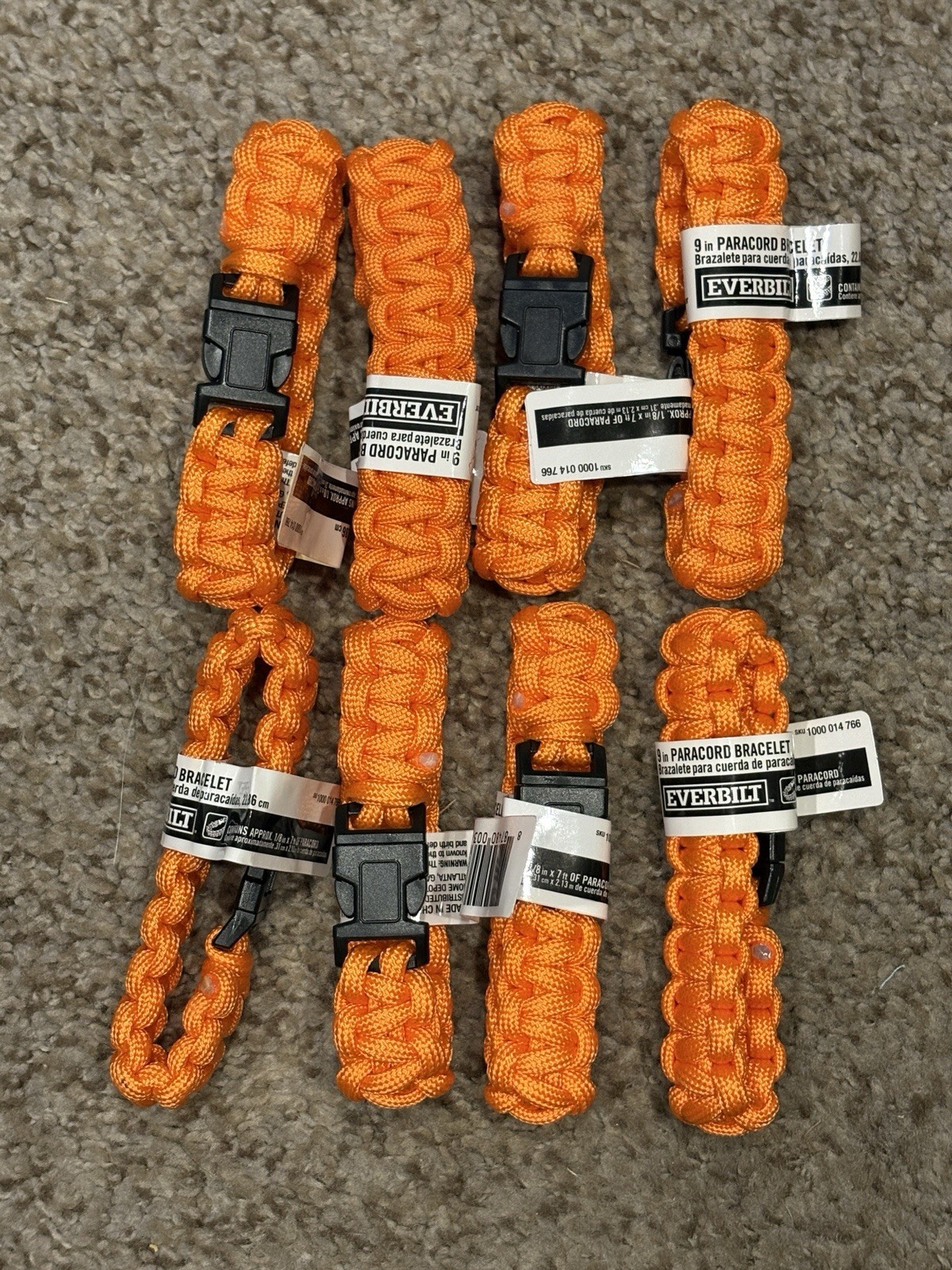 (8) Orange Everbilt 9’ Paracord Emergency Survival Hunting Hiking Bracelets