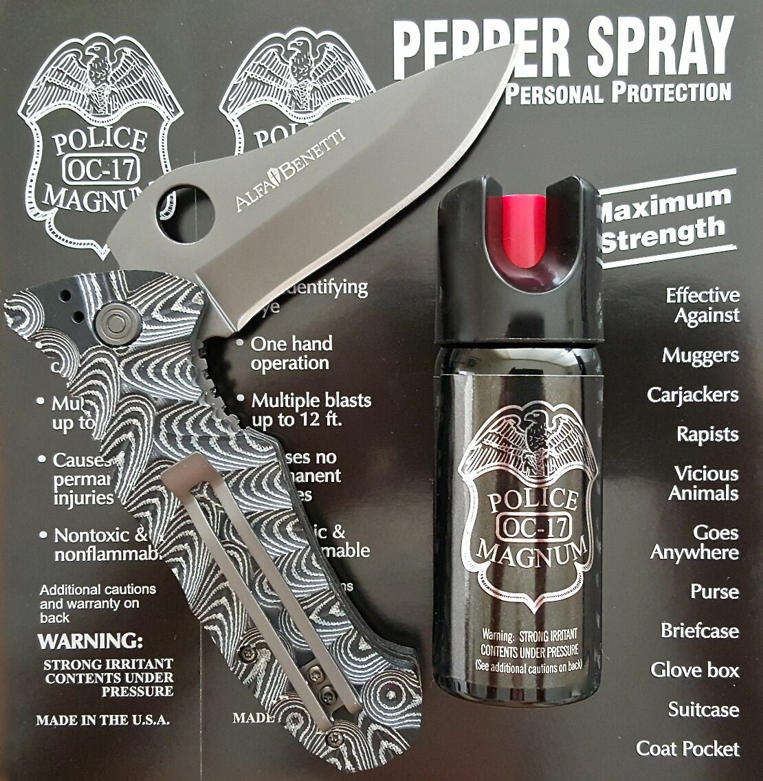 Police Magnum Pepper Spray 2oz Safety Lock Combo Pack Alfa Benetti Folder Knife