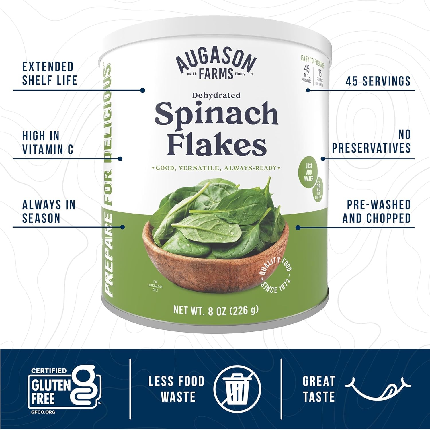 Augason Farms Dehydrated Spinach Flakes Can, Emergency Food Supply, 8 Oz