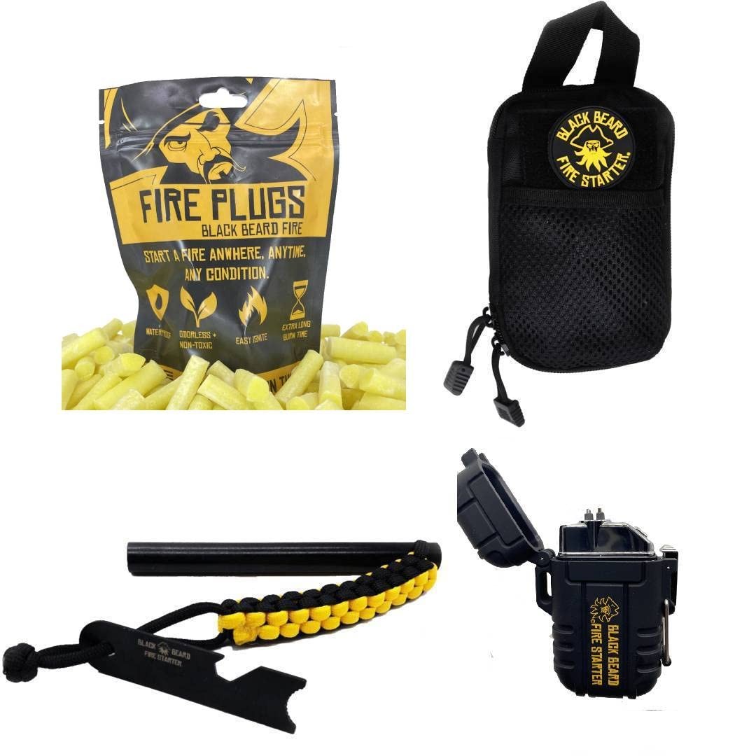 Black Beard Fire Plug Kit – 50 Waterproof Fire Plugs, Arc Lighter, Ferro Rod …