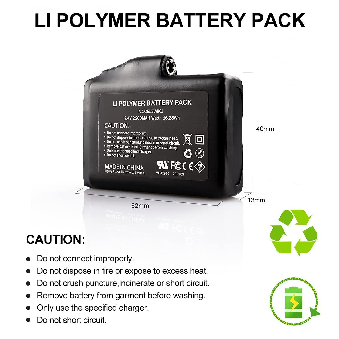 Mievnio 7.4V 2200Mah Rechargeable Li-Polymer Electric Batteries For Heated
