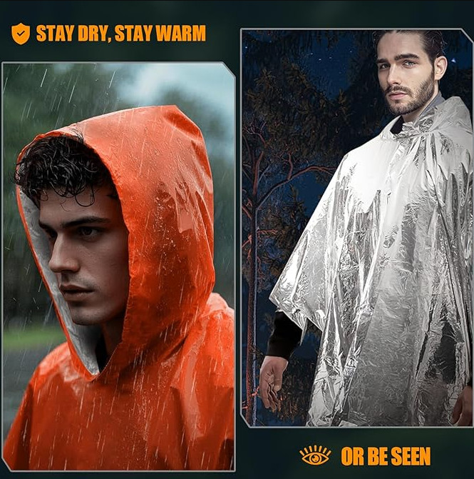4 Pack Emergency Poncho Thermal Mylar Waterproof Survival Rain Coat Reusable