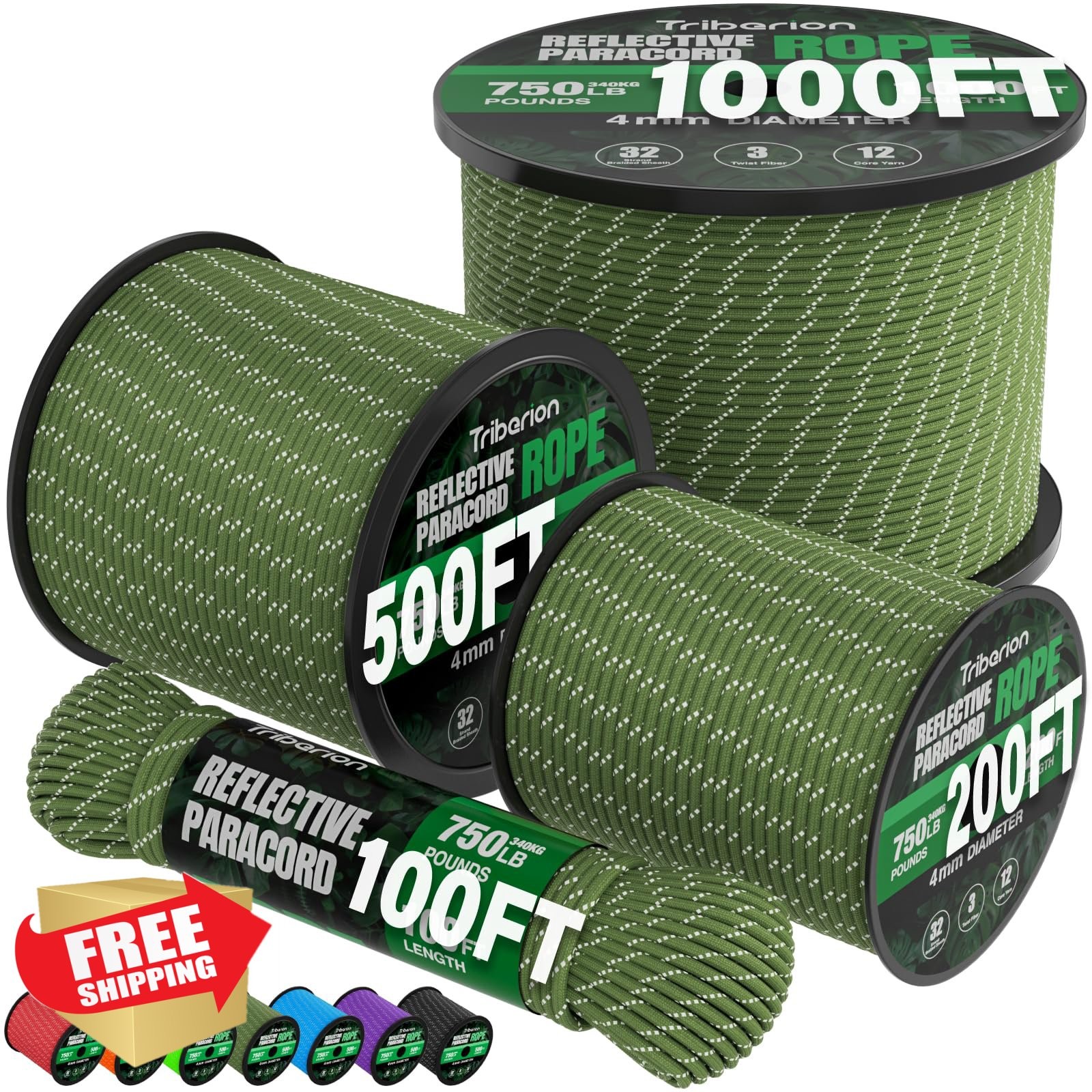TRIBERION 750lb Reflective Paracord 200ft Army Green