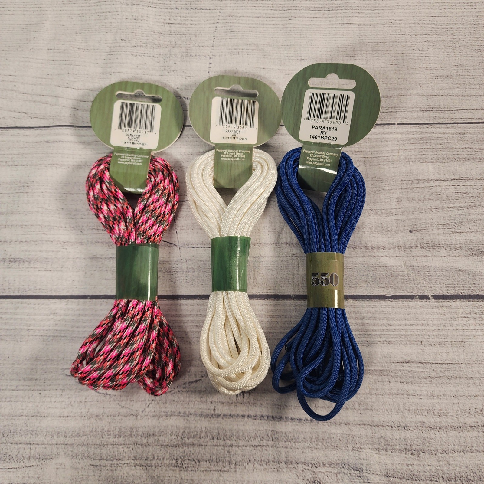 Pepperell Parachute 550 Paracord Lot 16ft Pink Camo White Royal Blue 3 Pack USA