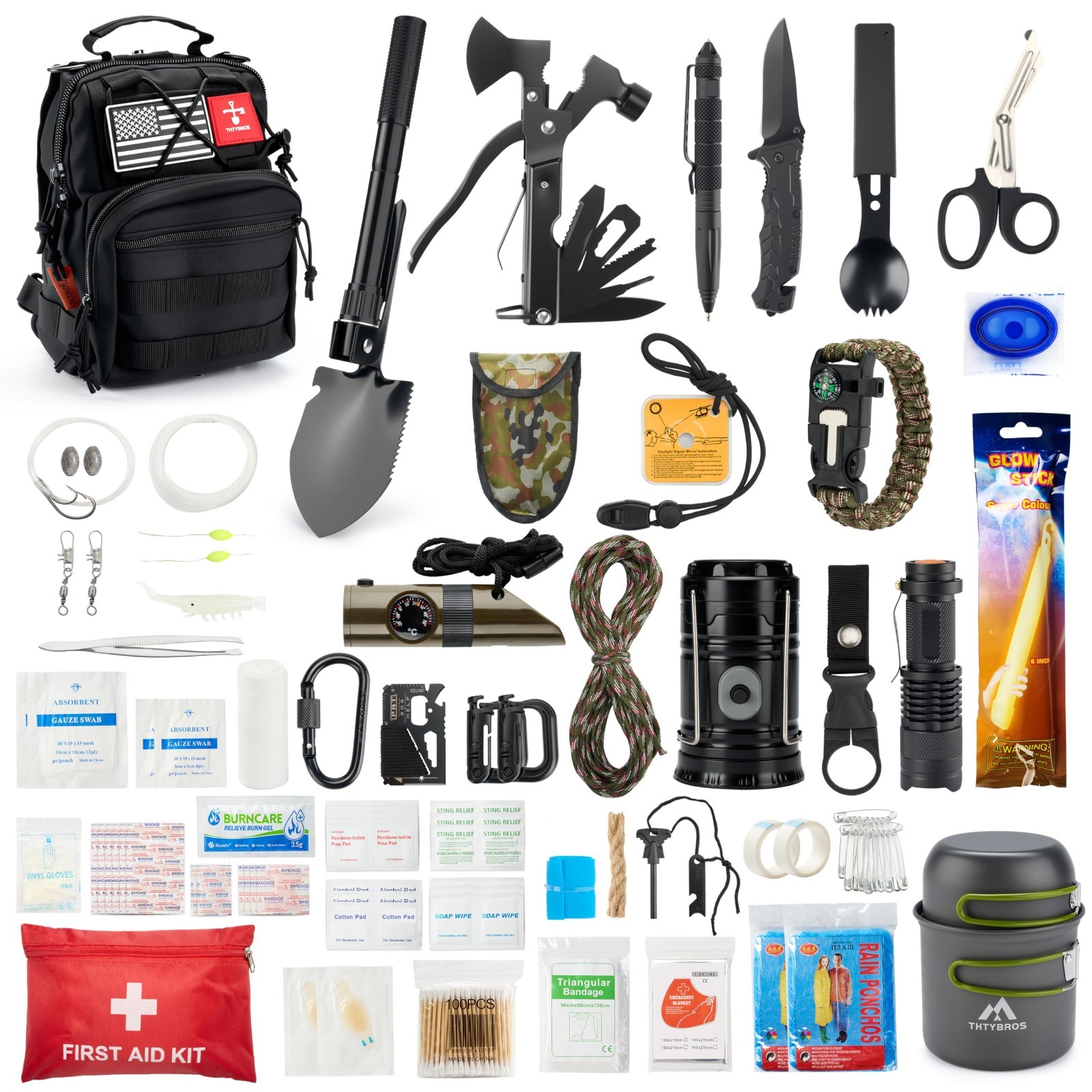 Emergency Survival Kit 246Pcs Gear, First Aid, Tactical Bag, Camping Axe, Bug Ou