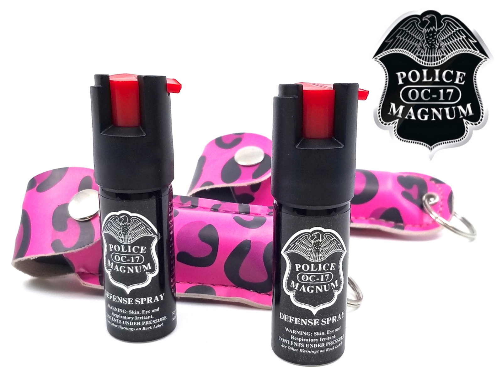 2 Police Magnum pepper spray .50oz pink doodle keychain holster safety defense