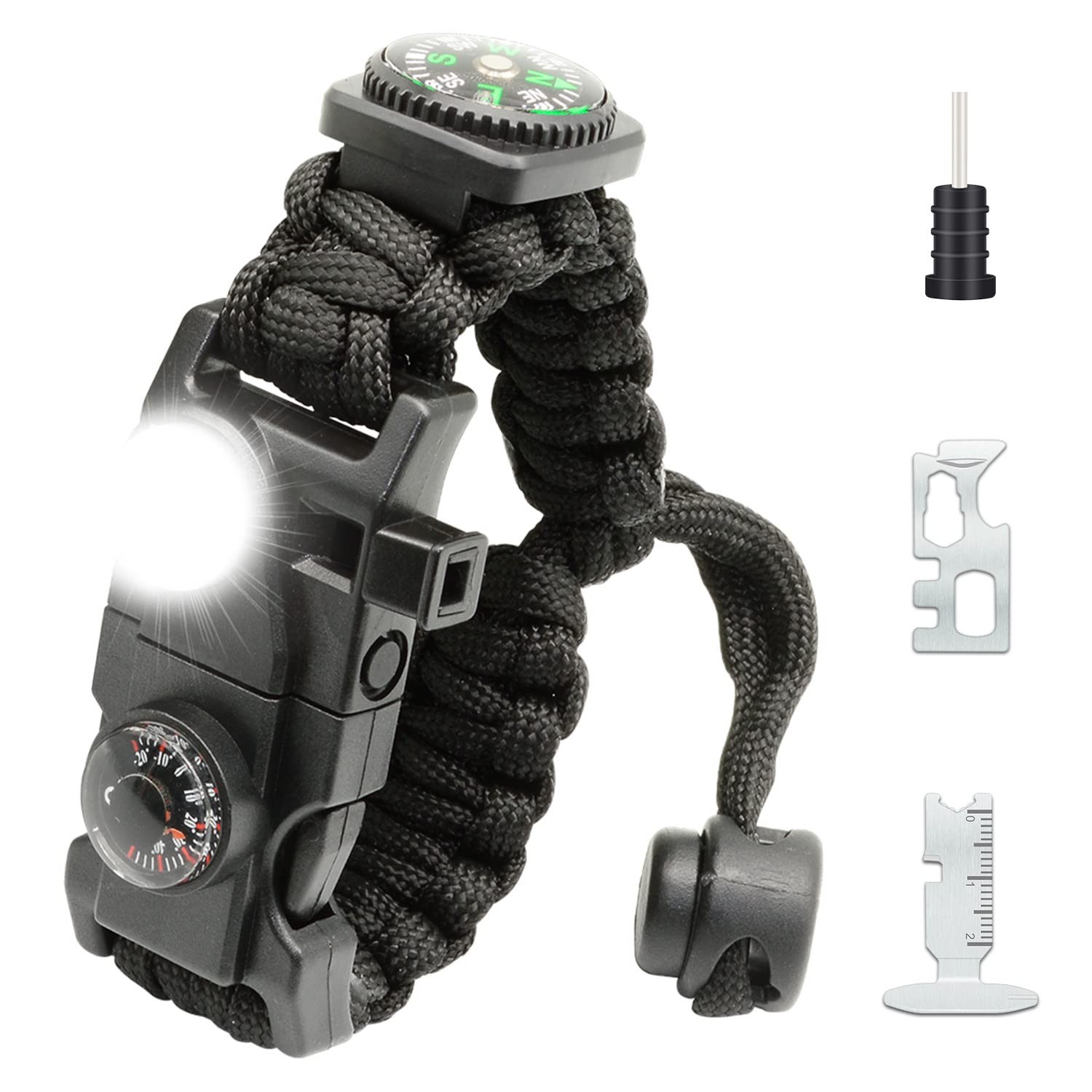 Survival Paracord Bracelet Kit, Fire Starter, Compass, Whistle, LED Light, Black