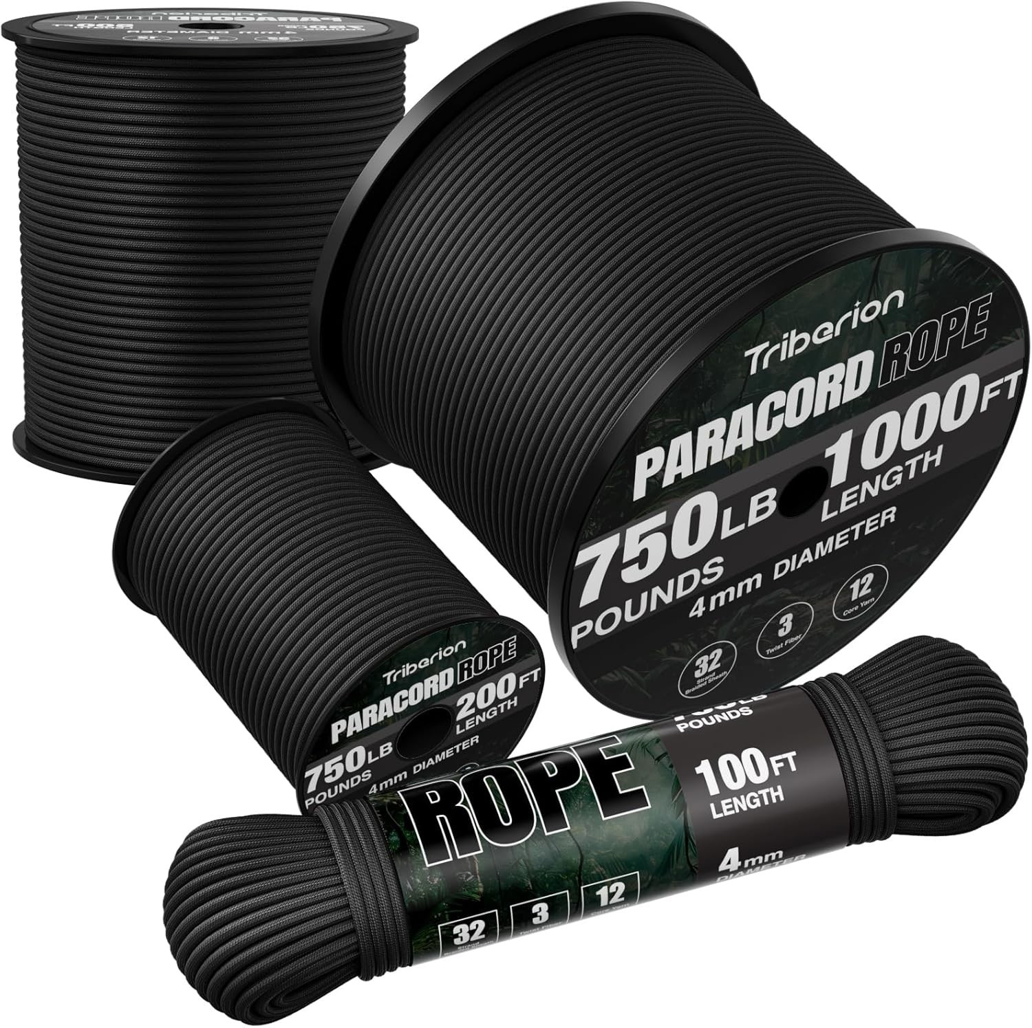 Paracord Rope 750 lb -100ft 5/32″ Parachute Cord 4MM 12-Strand para Cord Black