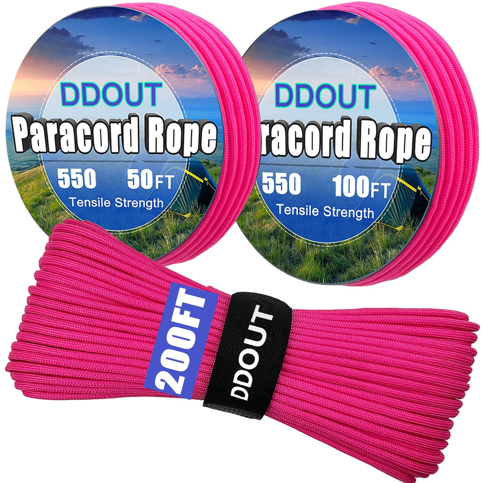 Paracord Nylon Rope Pink 200ft with 7-Strand Core, 10 Colors and 50/100/200 f…