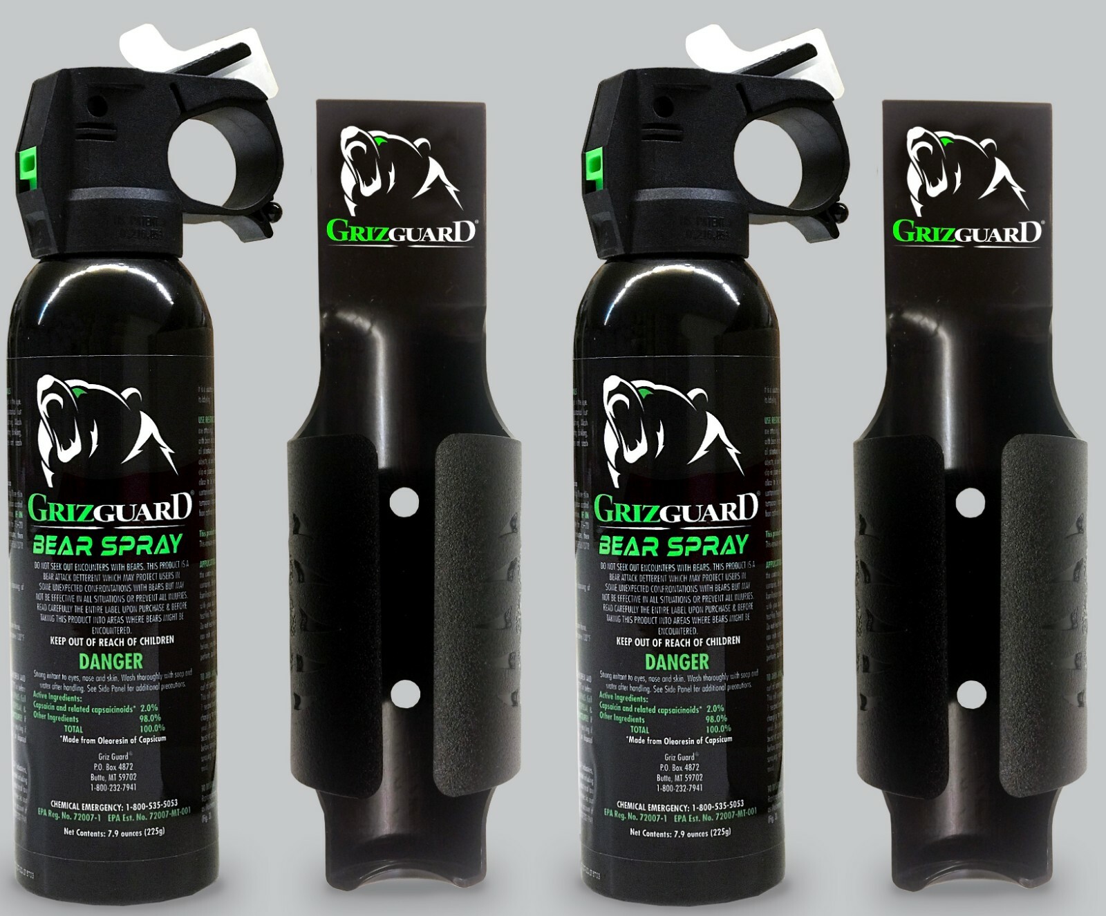 Griz Guard Bear Spray With Black Griz Guard Holster 7.9oz 2 Pack