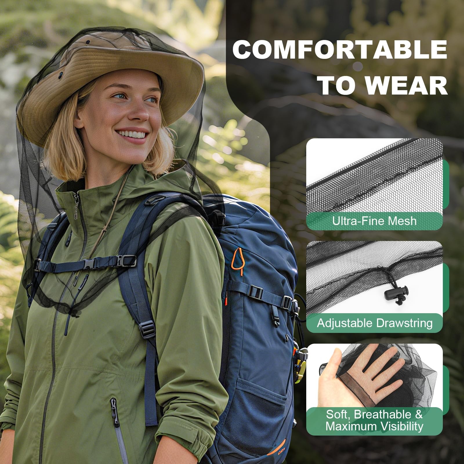 2 Pack Premium Mosquito Head Nets, Ultra Large Bug Net for Head | Adjustable Dra