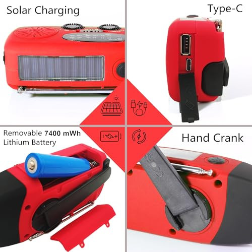 7400 mWh SOS Alarm Emergency Weather Radio, 3LED Type-C Hand Crank Solar