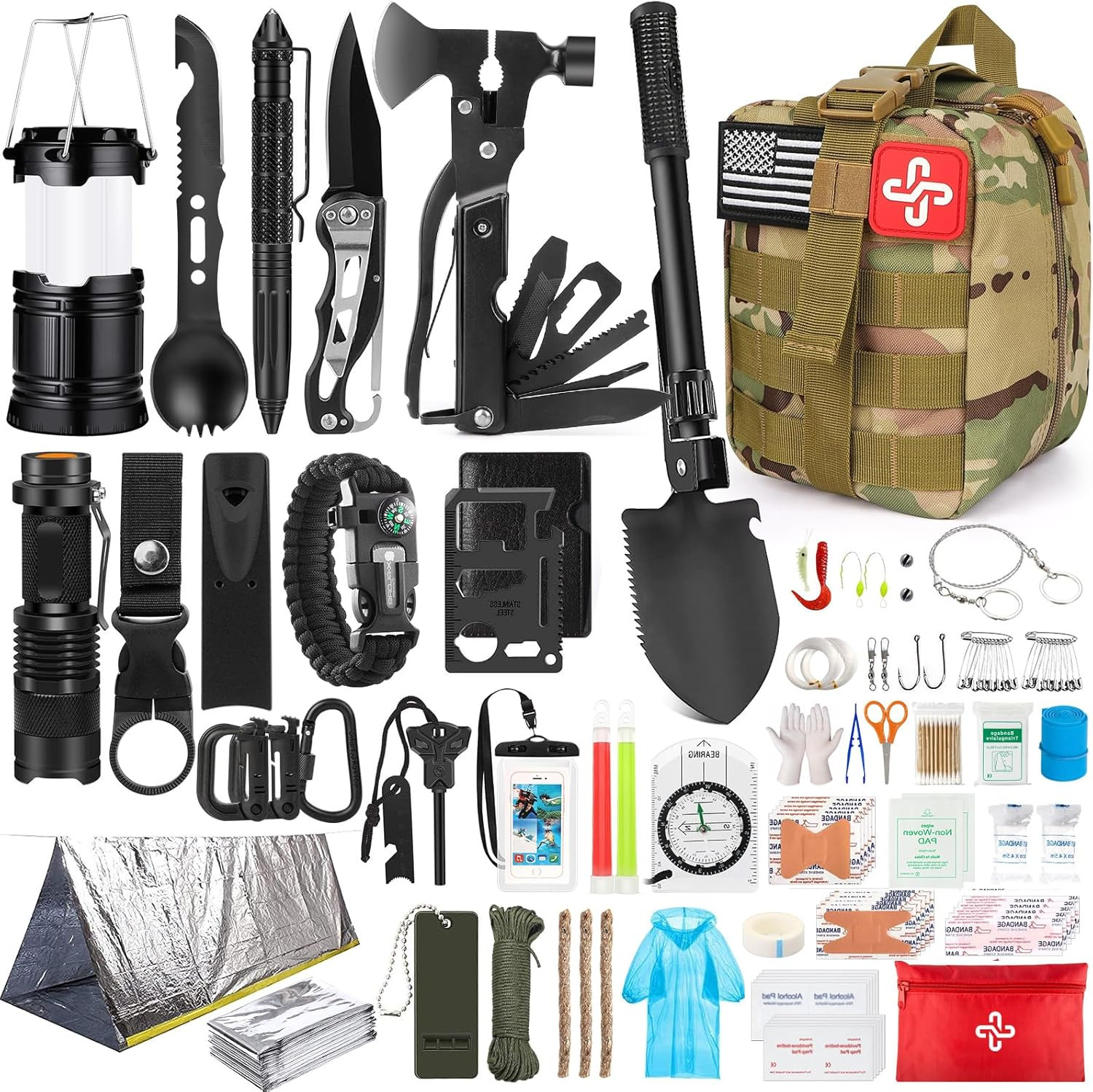 Survival Kit,250Pcs Survival Gear First Aid Kit with Molle System Compatible Bag