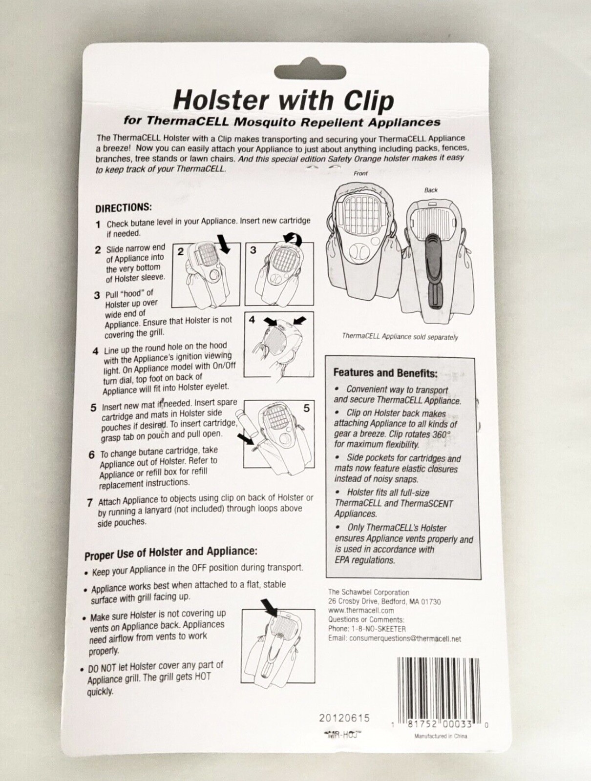 New Thermacell Mosquito Repellent Appliance Orange Safety Nylon Clip Holster