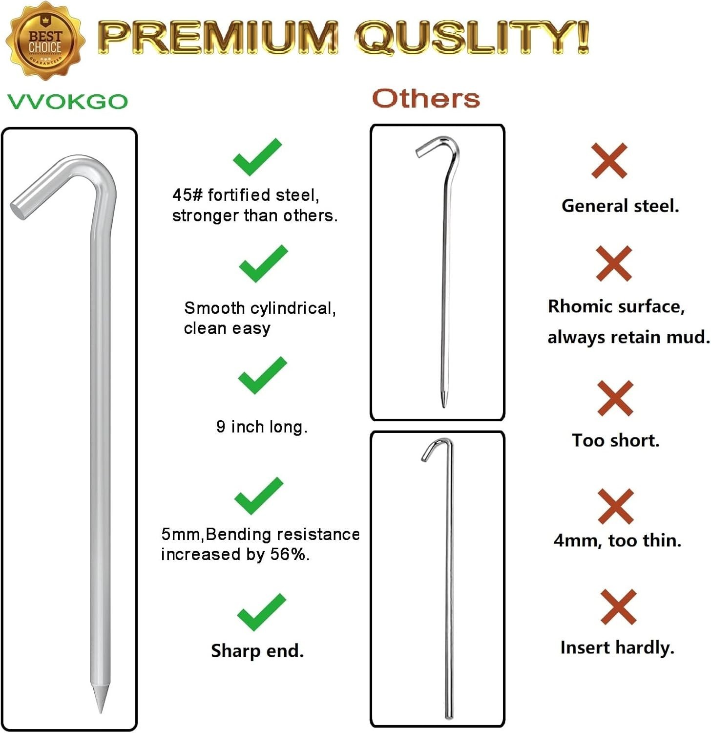 9 Inches 8 Pack Heavy Duty Tent Stakes, Metal Ground Stakes for Camping, Gard…