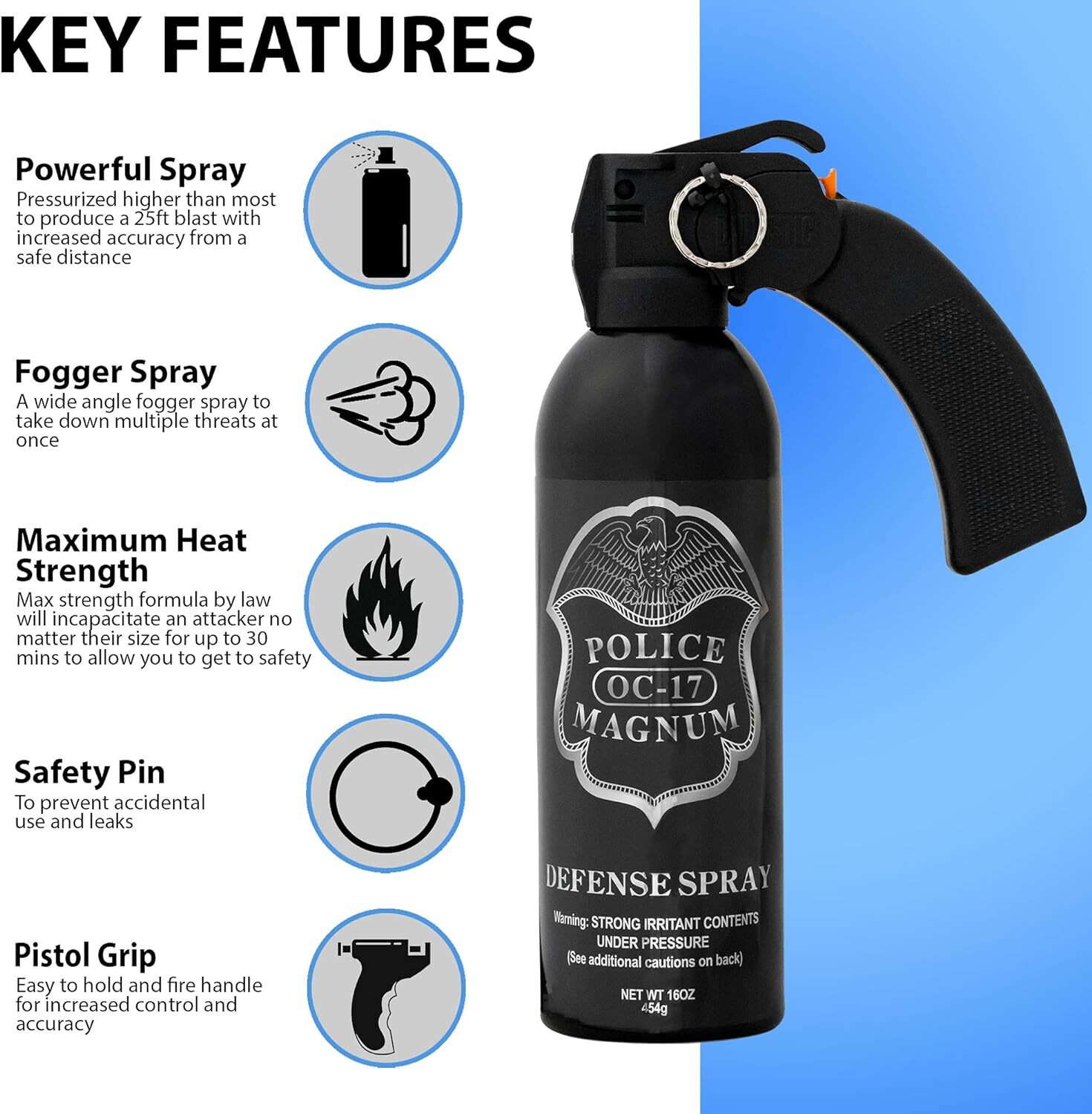 Police Magnum Pepper Spray 16 oz Pistol Grip Fogger Home Defense Unit