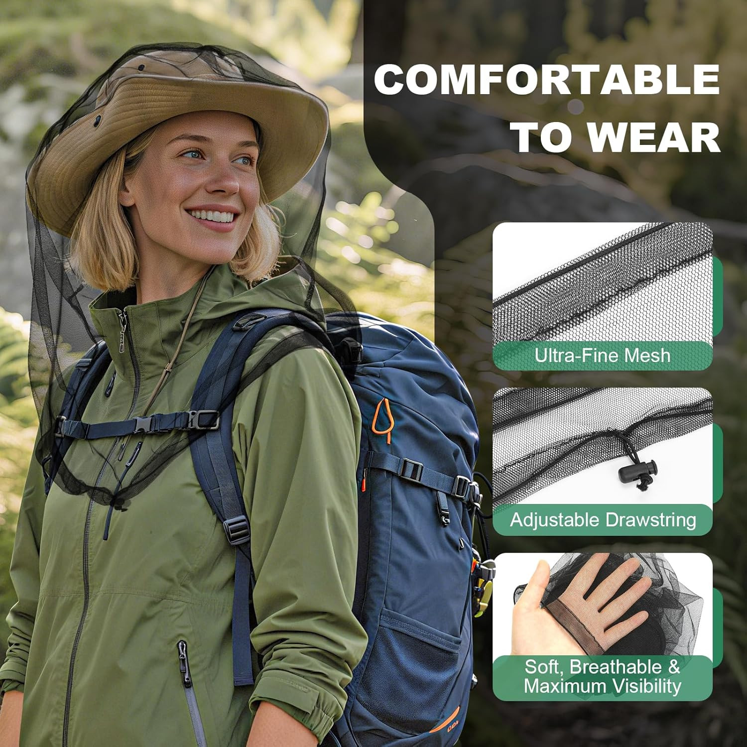 2 Pack Premium Mosquito Head Nets with Drawstring, Breathable Ultra Large Bug Ne