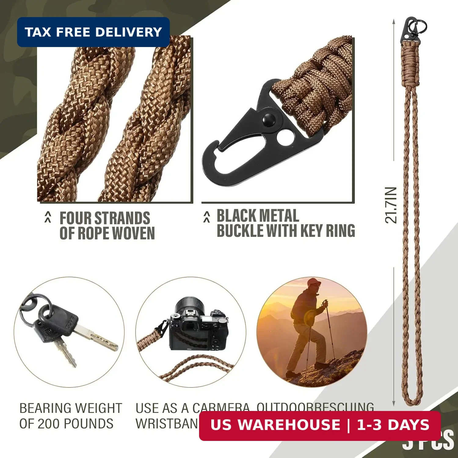 Shappy 3 Pieces Heavy Duty Paracord Lanyard Keychains Braided 550 Lanyard Keycha