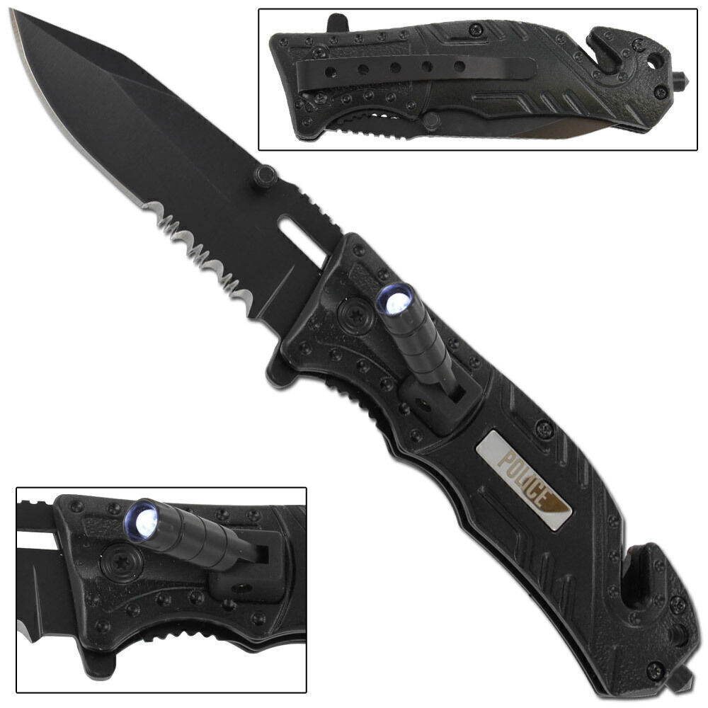 Lethal Defender Emergency Knife | LED Light Pocket Assisted Folding Police Black