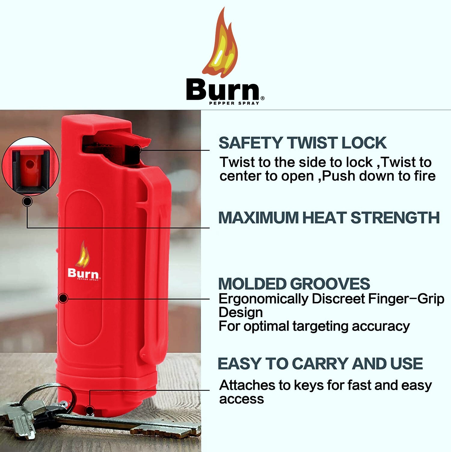 BURN Pepper Spray 1/2oz Keychain Self Defense Safety Lock Molded Red 4 Pack