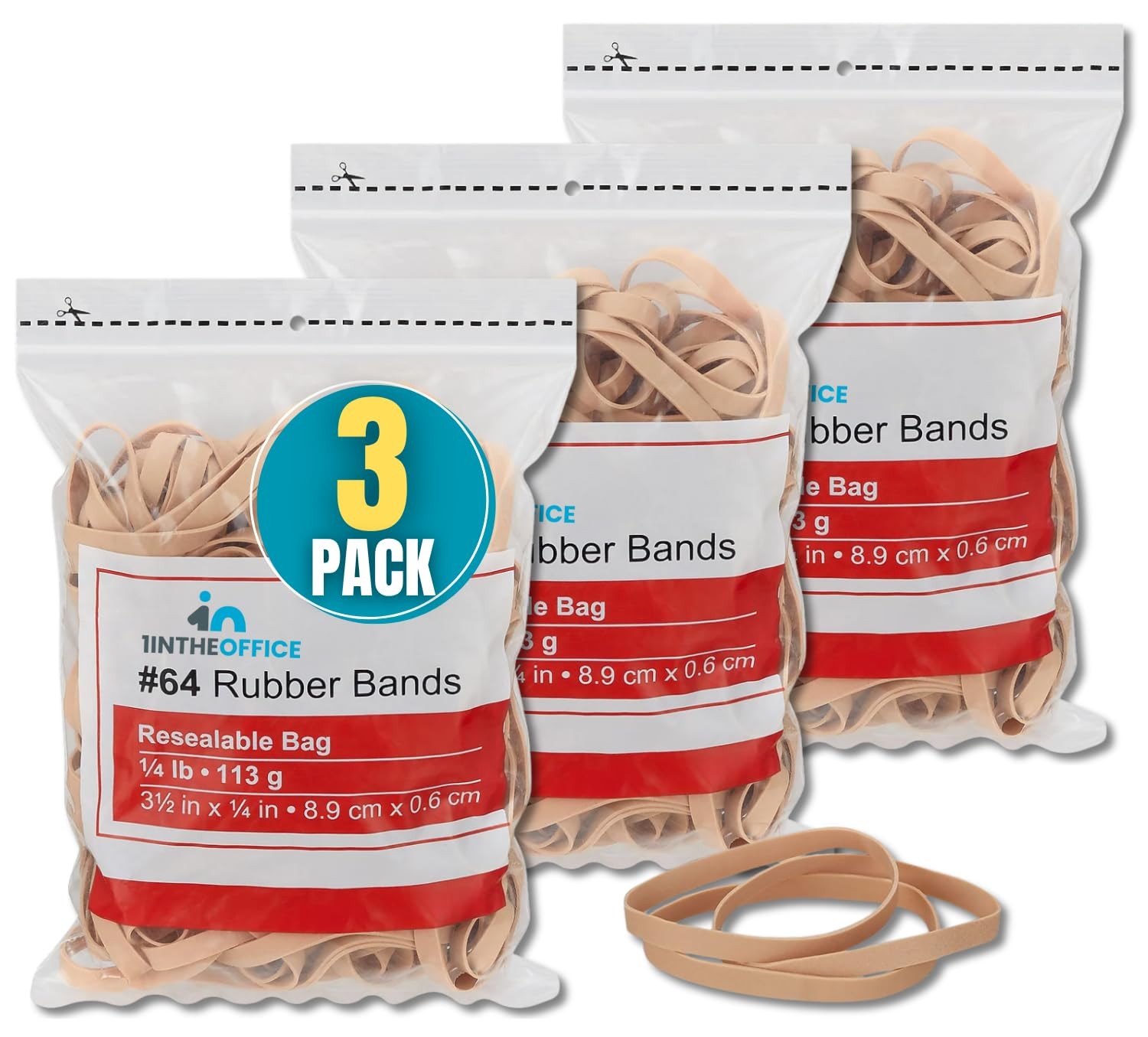 1InTheOffice Rubber Bands Size 64, Elastic 1/4 lb., 3Pack