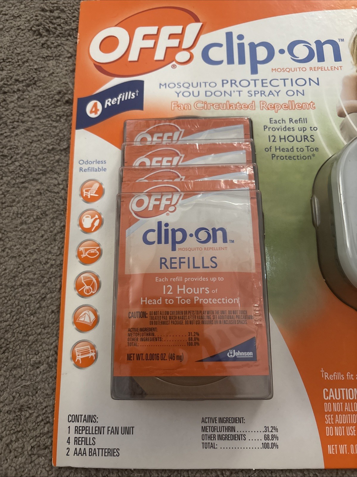 Off! Clip On Mosquito Bun Fan Circulated Repellent 1 Unit 4 Refills Sealed New