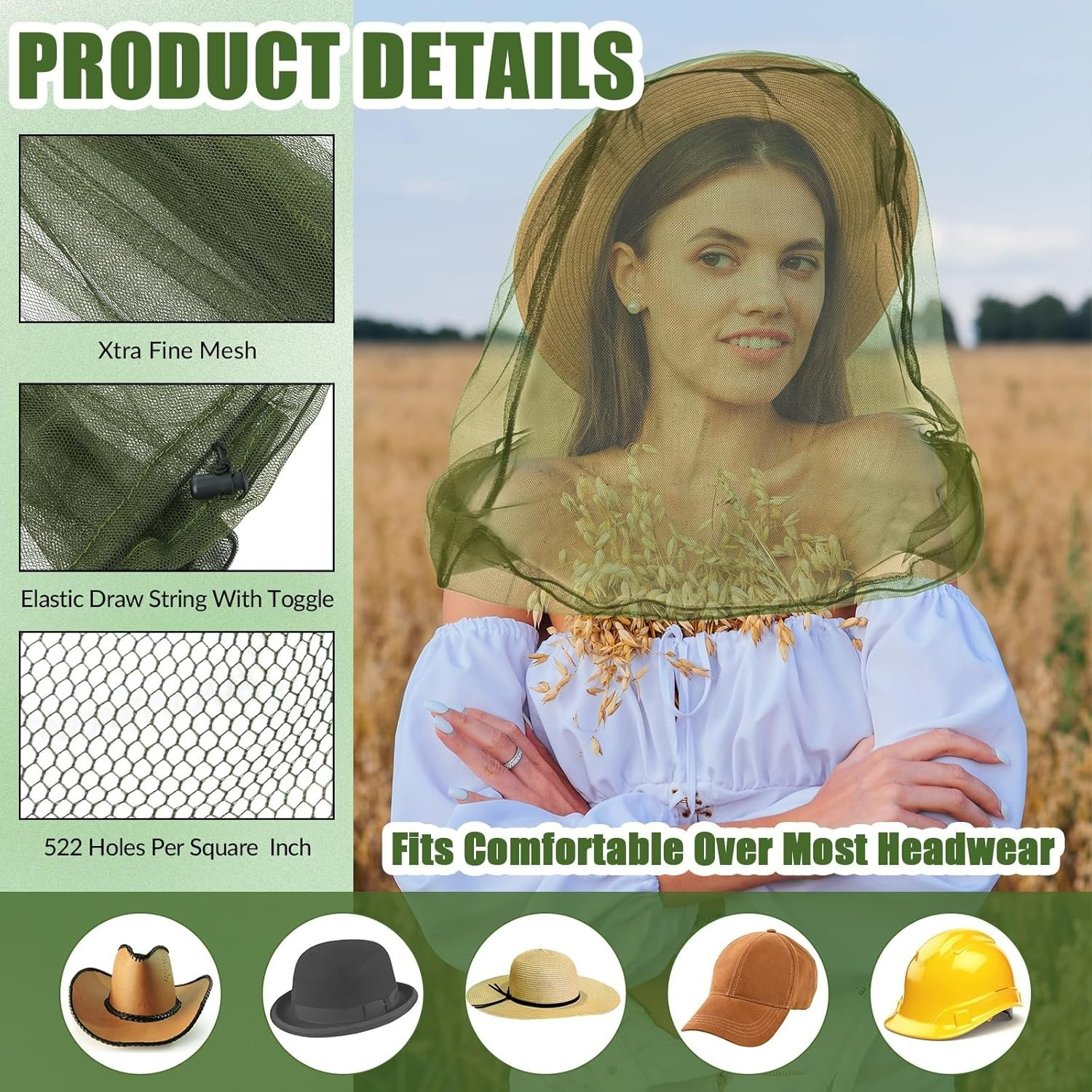 Versatile 4 Pack Outdoor Bug Nets – Breathable Face Protection in Army Green