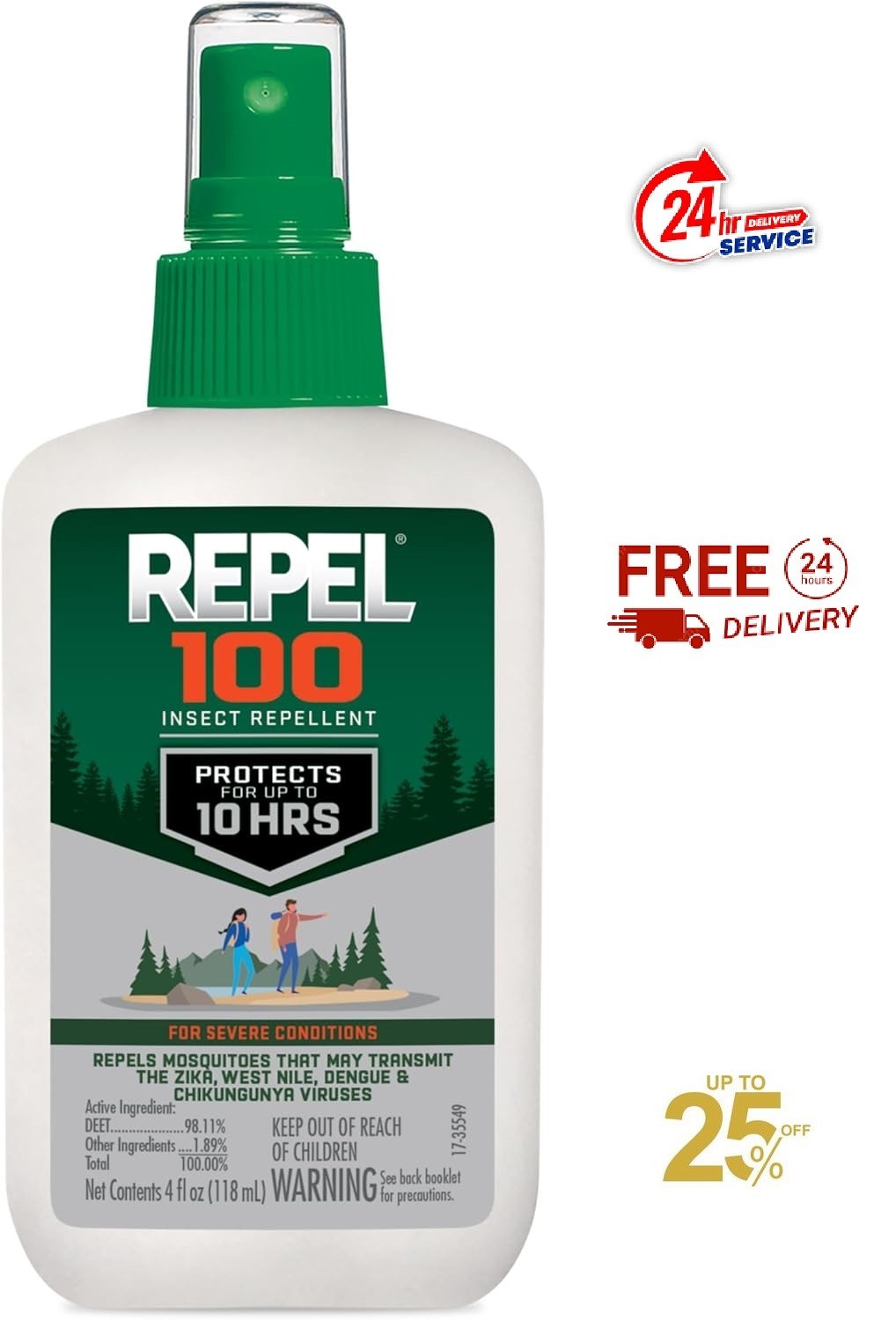 Repel 100 Insect Repellent, Pump Spray, 4-Fluid Ounces, 10-Hour Protection