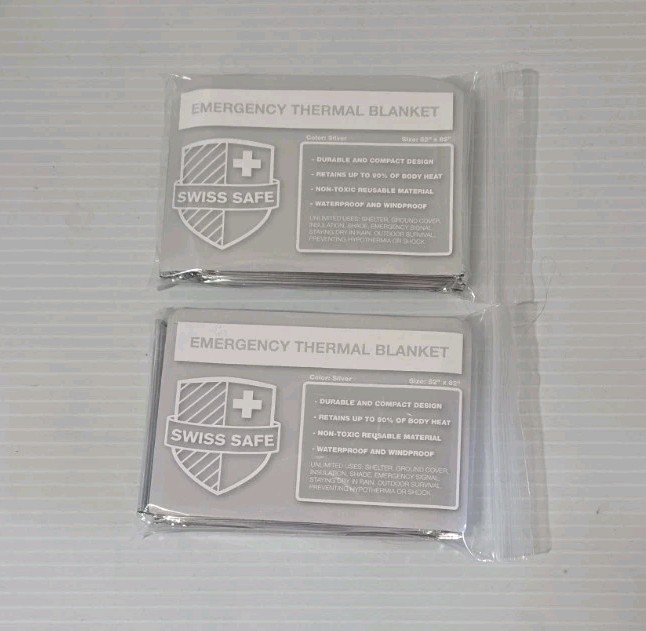 2 PACK! Swiss Safe Emergency Mylar Thermal Blankets Water & Windproof 52” x 82”