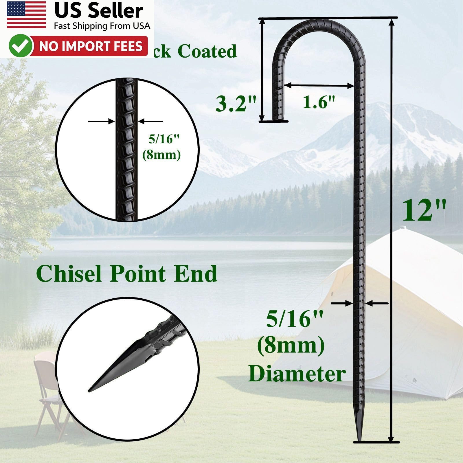 50 Pack 12 Inch J Hook Rebar Stakes Heavy Duty Galvanized Fence Anchors FROM USA