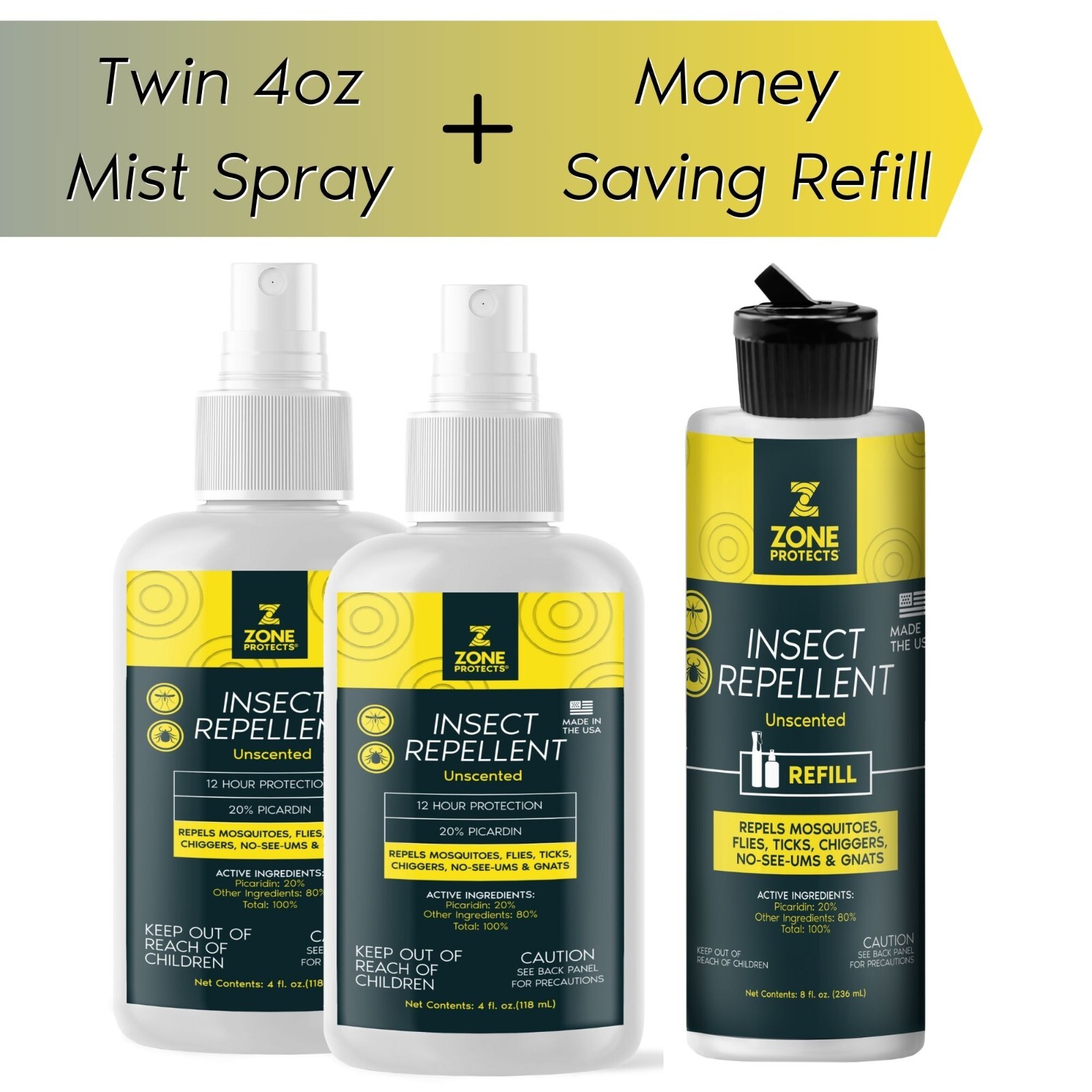Unscented Insect Repellent; Picaridin; Money Saving Bundle (2) 4oz+Refill
