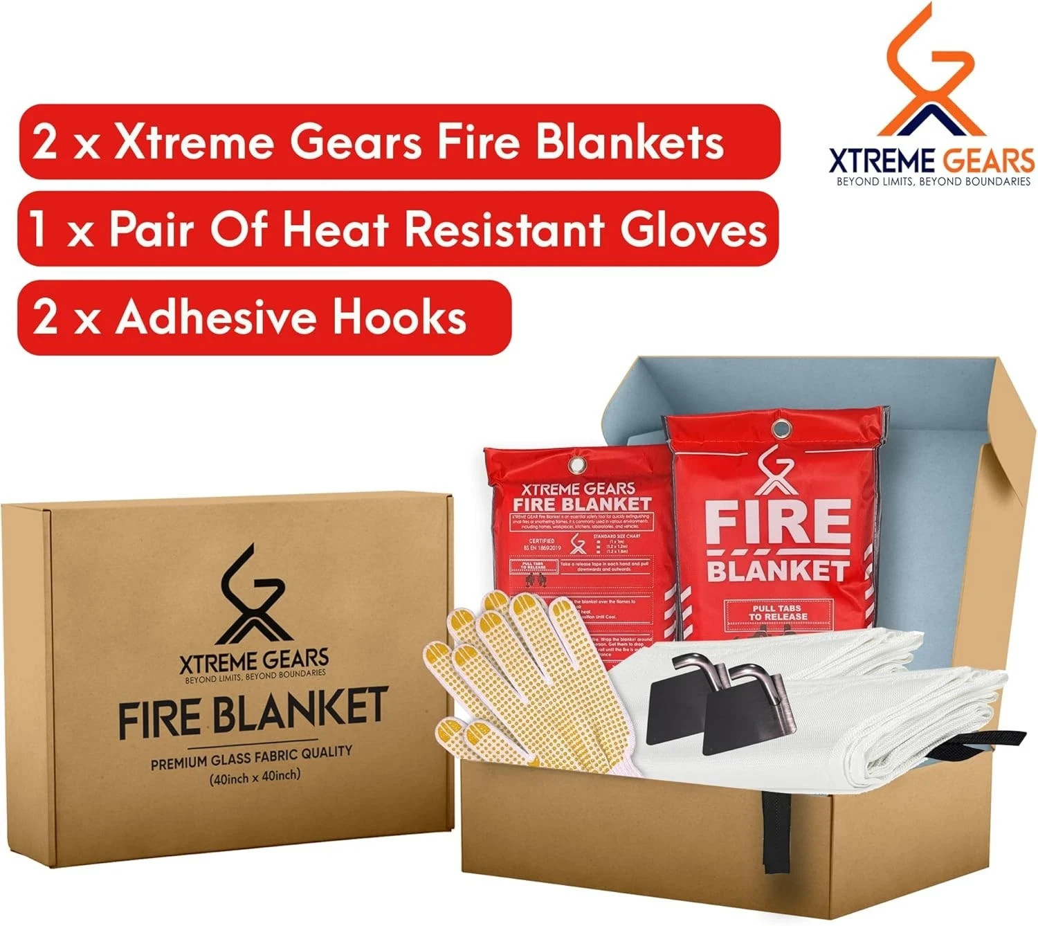 Emergency Fire Blanket 2 Pack 40” x 40”, with Gloves and Hook Single, White