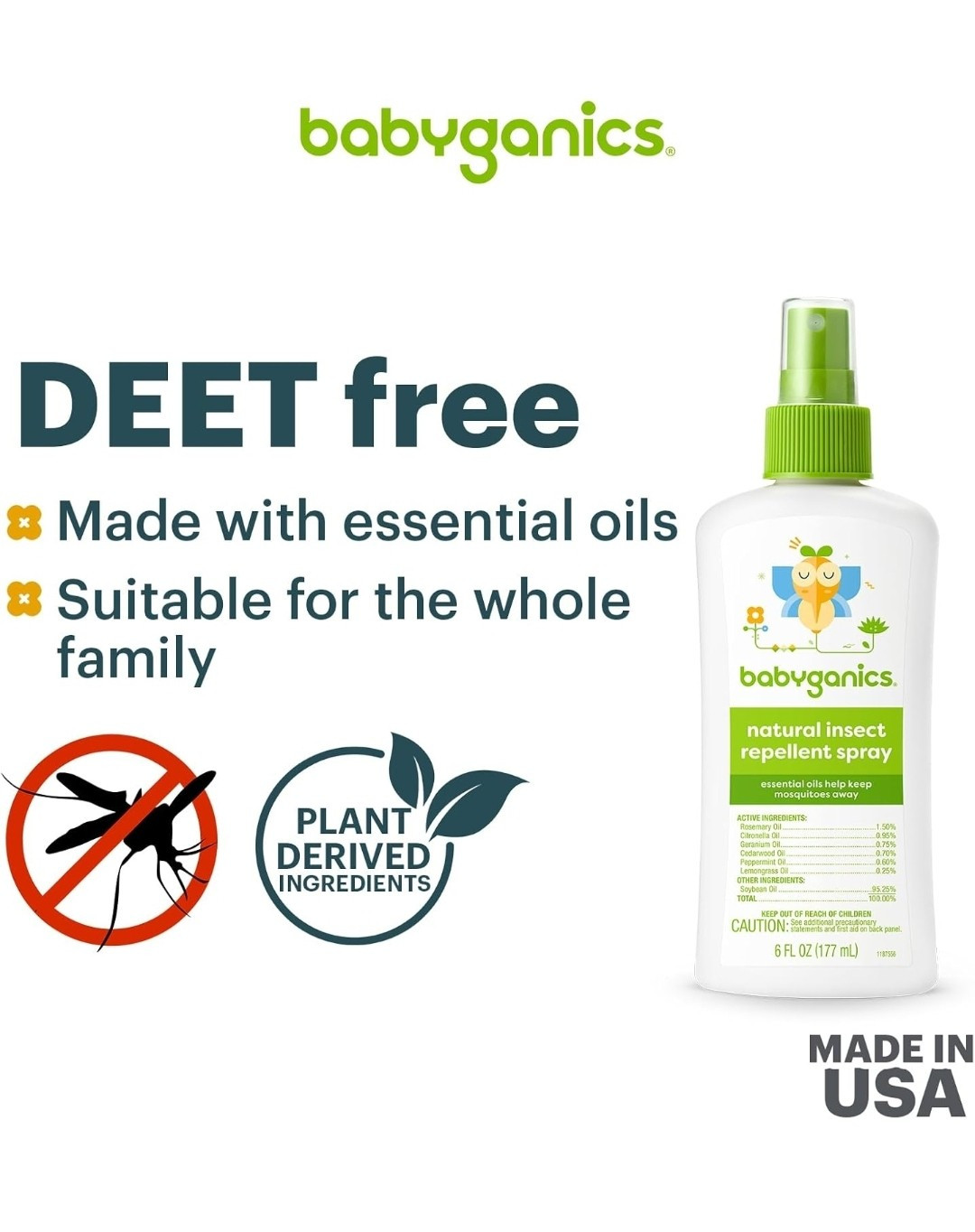 Babyganics Natural Insect Repellent Deet Free Plant and Essential Oils 6 fl Oz