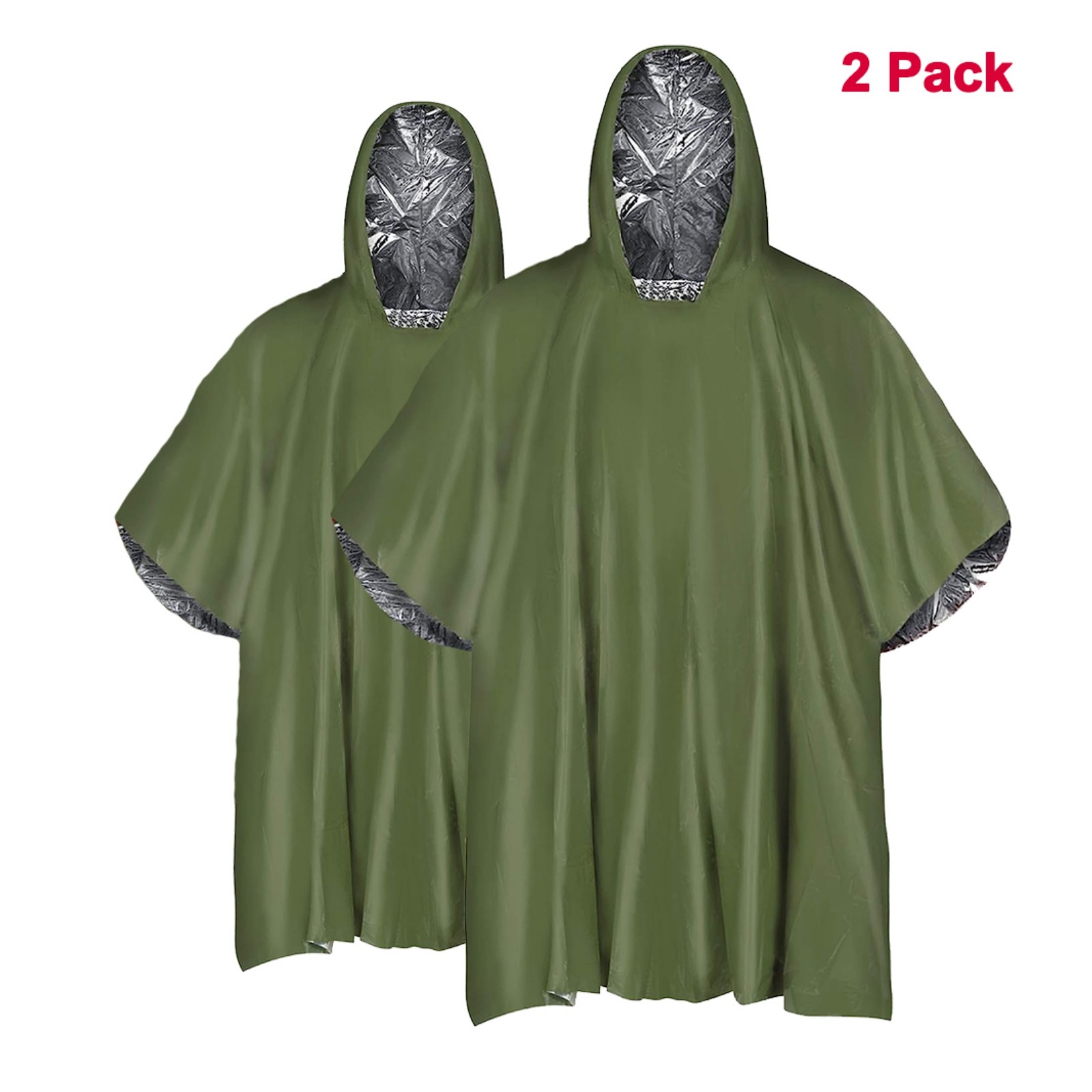2Pack Emergency Rain Poncho, Retain Heat for Camping Survival, Hooded, Reusable