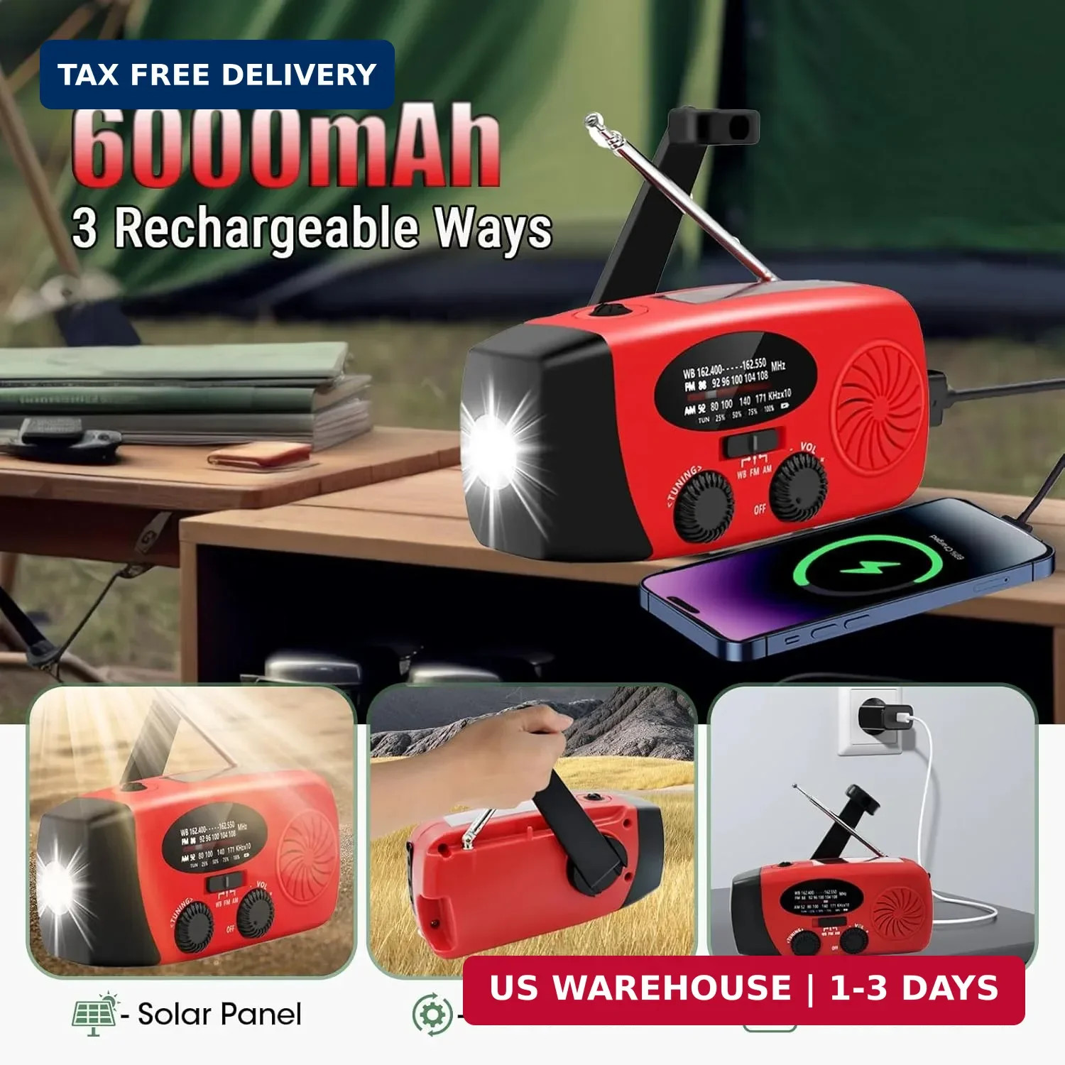 6000mAh/22200mWh Emergency Weather Radio, AM/FM/NOAA Hand Crank Solar Powered Ra