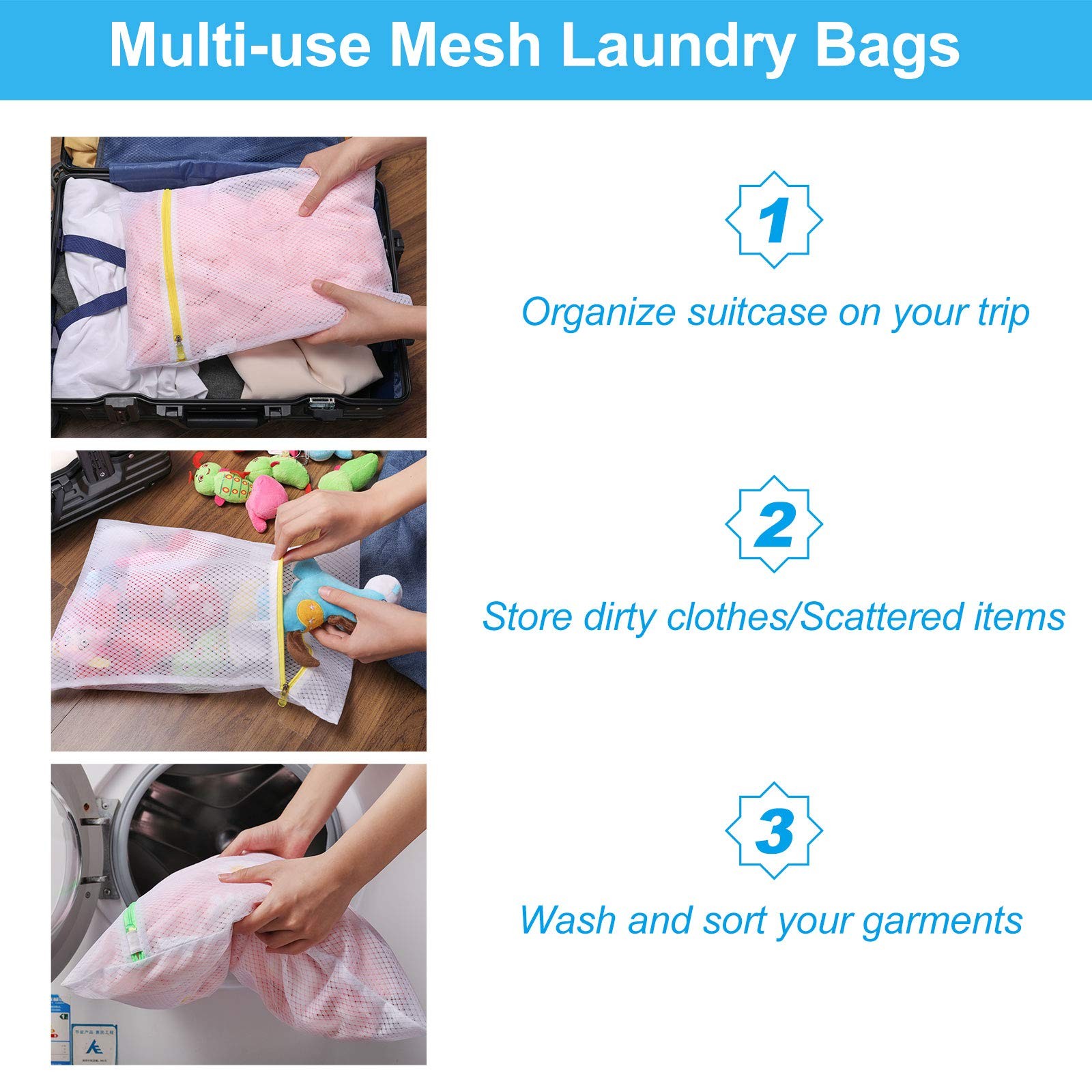 GOGOODA 5 Pack Mesh Laundry Bags, 1*XXL+1*XL+1*L+1*M+1*S, White