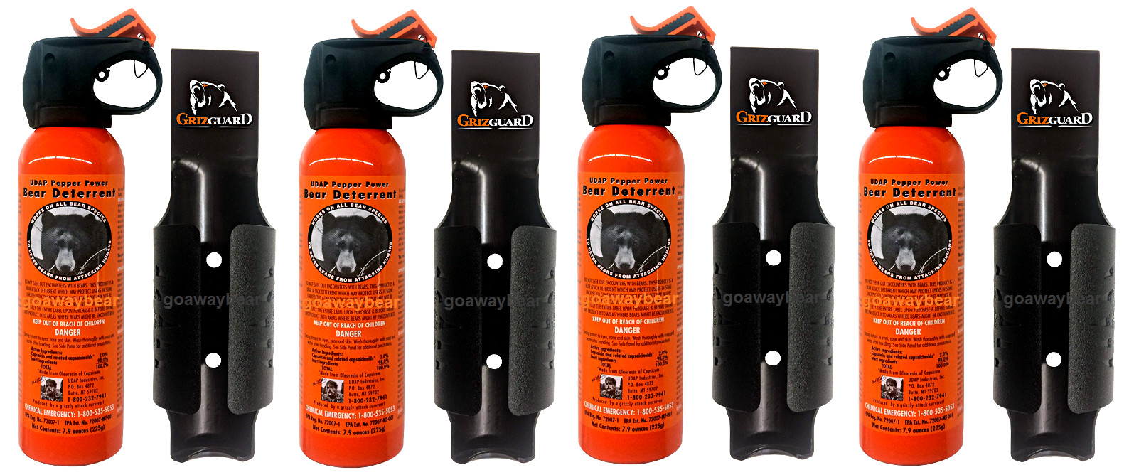 Lot of 4 – UDAP Pepper Power Bear Spray Repellant w/ Griz Guard Holster