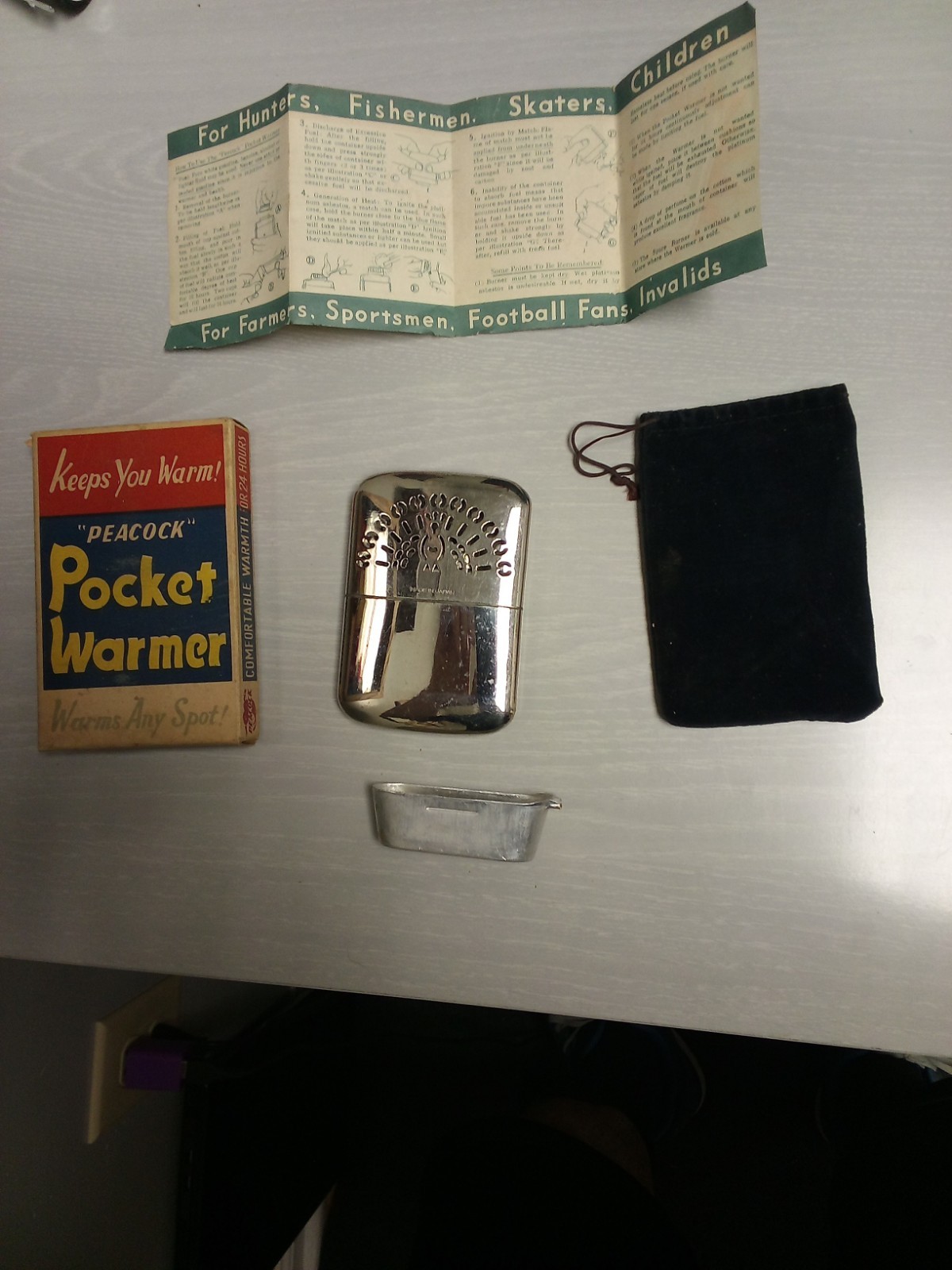 Peacock Pocket Warmer Catalytic Hand Warmer Silver Metal Reusable 24hr 100°F