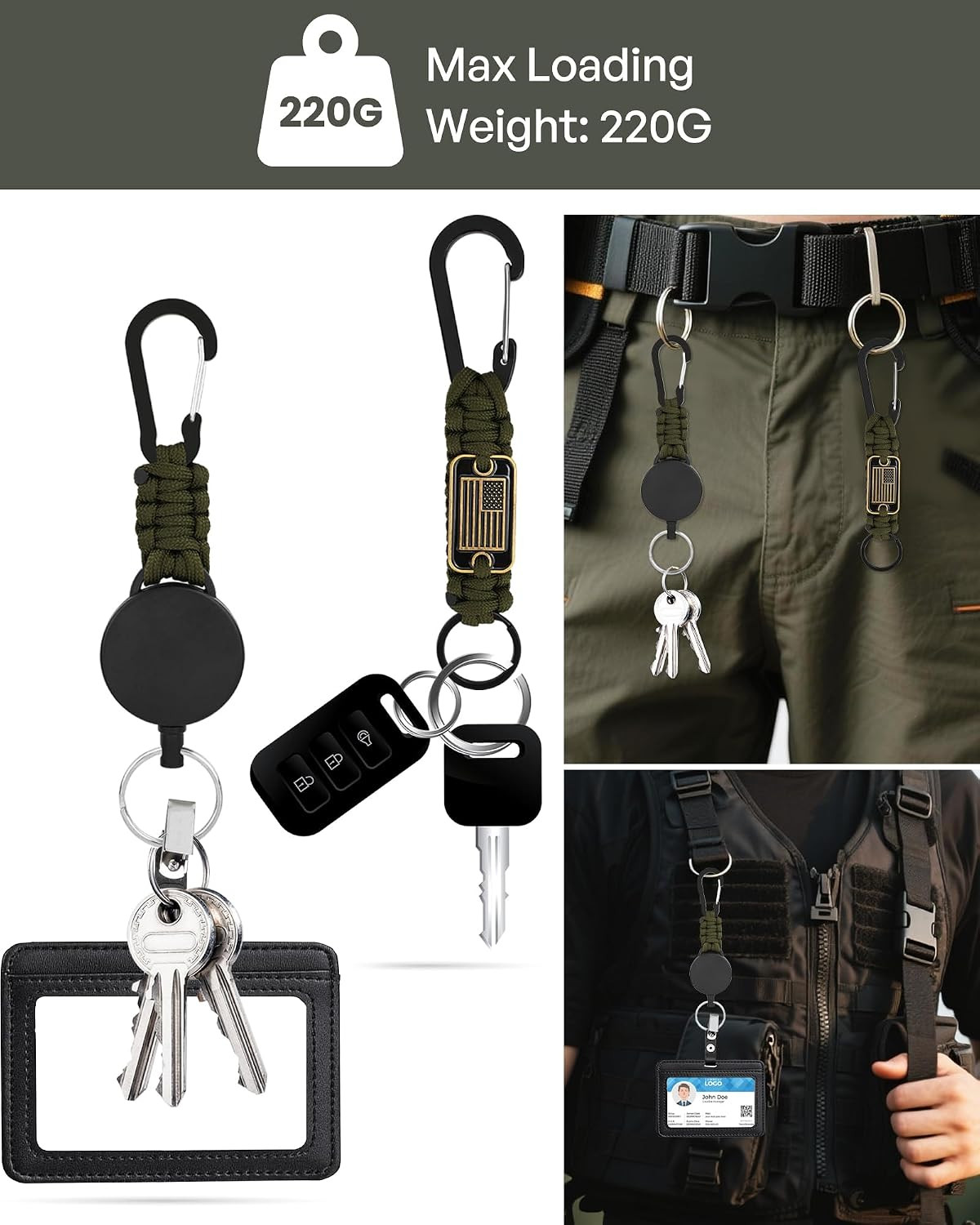 3Pc Paracord Lanyard Set Retractable Keychain Badge Reel Metal Clip